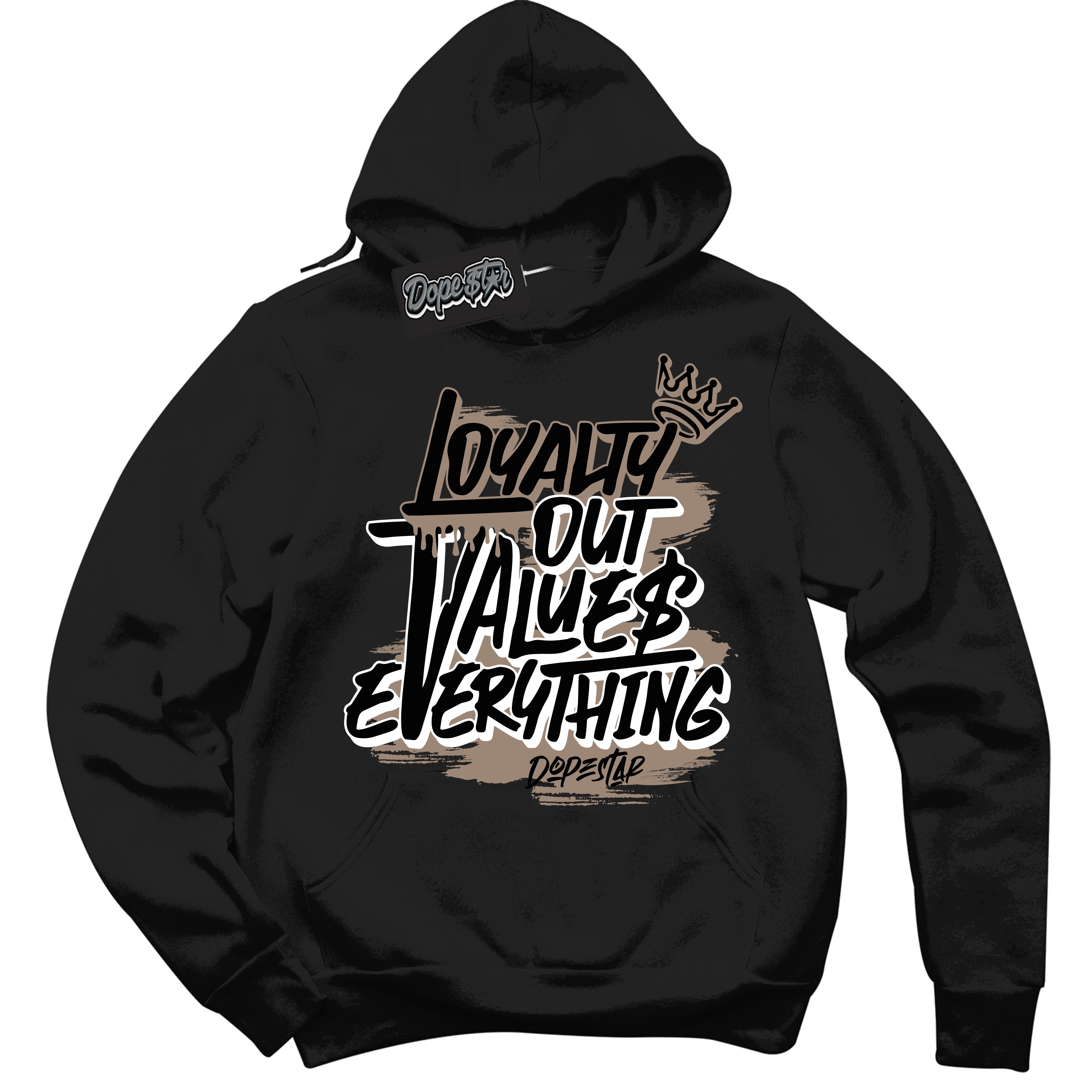 Cool Black Hoodie with “ Loyalty Out Values Everything ”  design that Perfectly Matches  Latte 1s Sneakers.