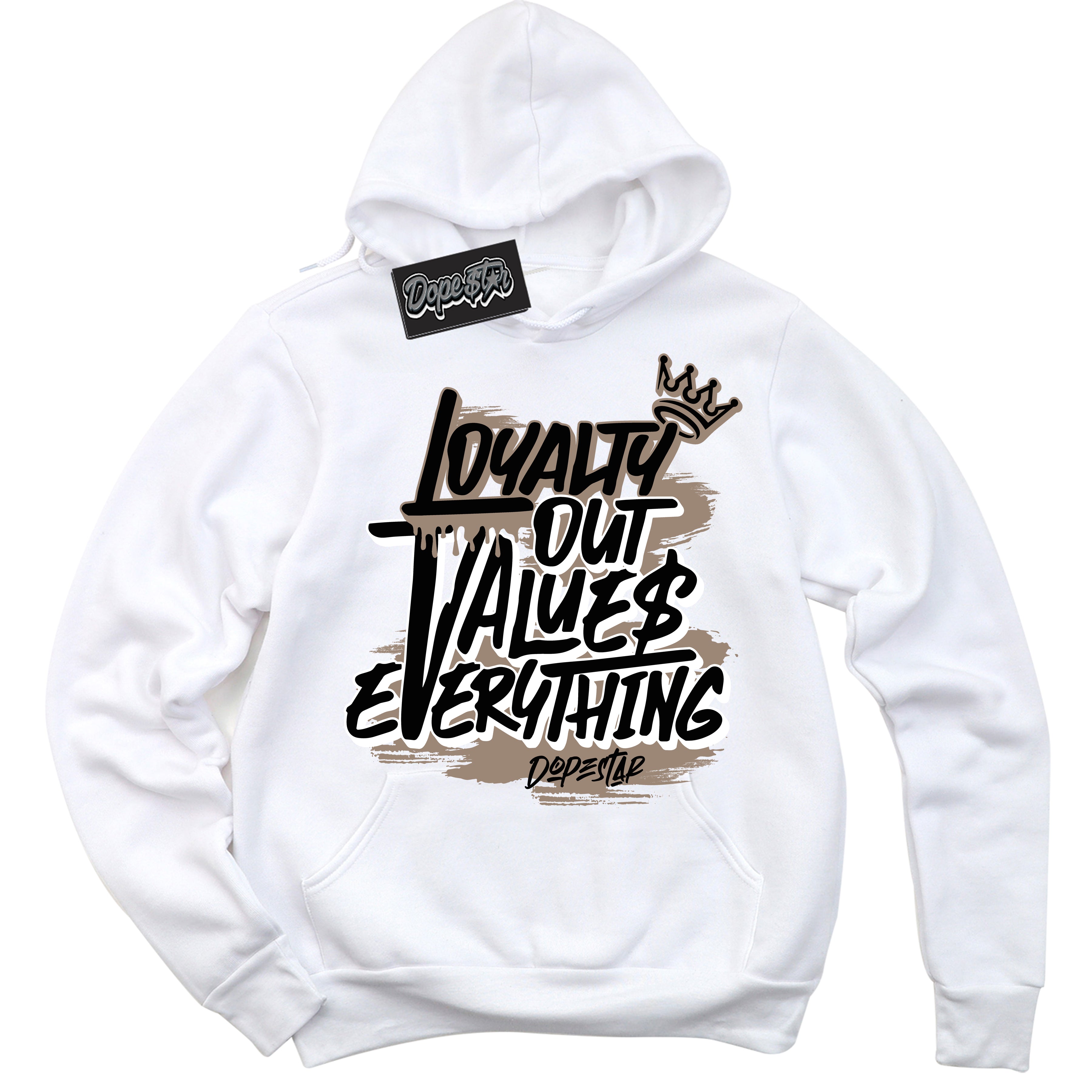 Cool White Hoodie with “ Loyalty Out Values Everything ”  design that Perfectly Matches  Latte 1s Sneakers.