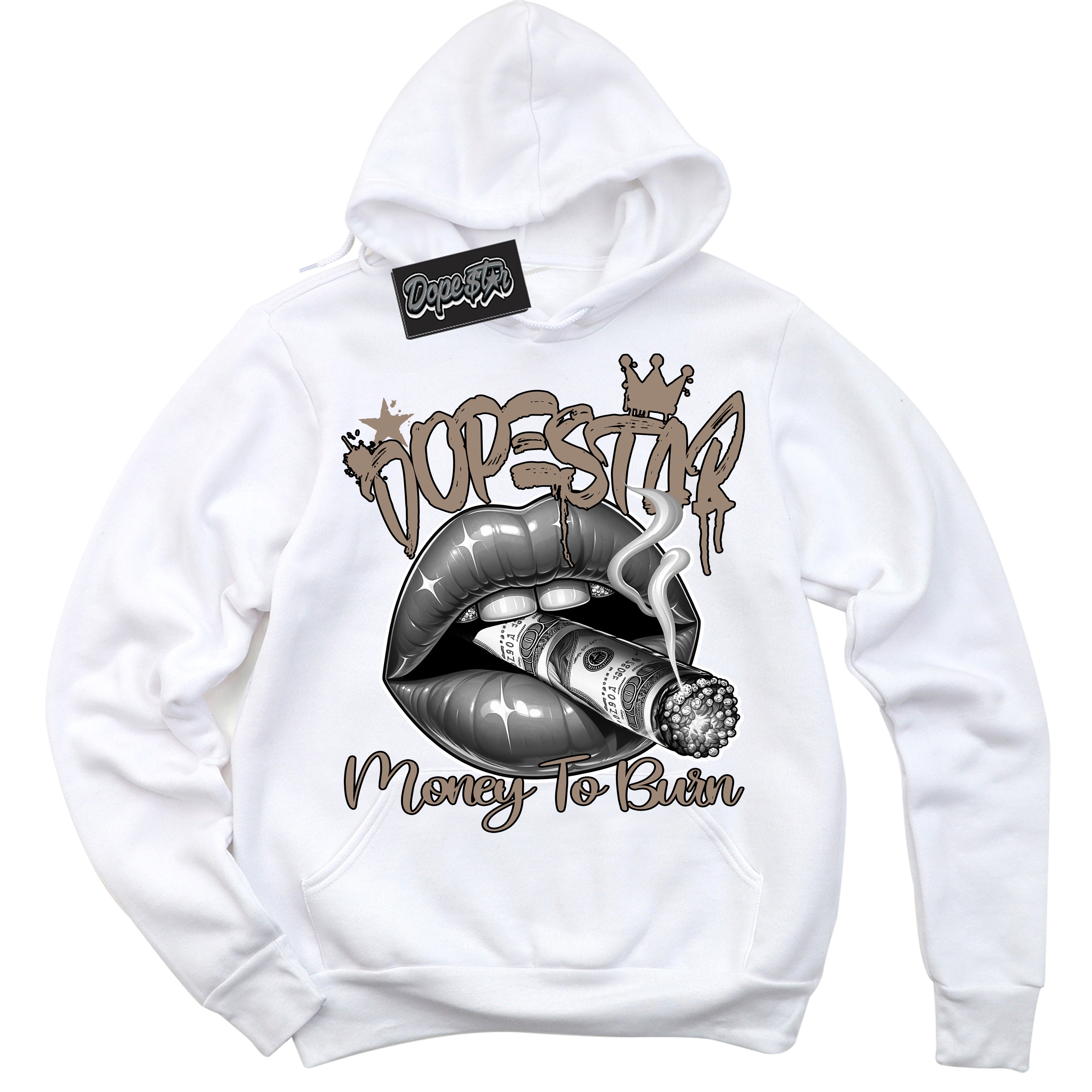 Cool White Hoodie with “ Money To Burn ”  design that Perfectly Matches Latte 1s Sneakers.