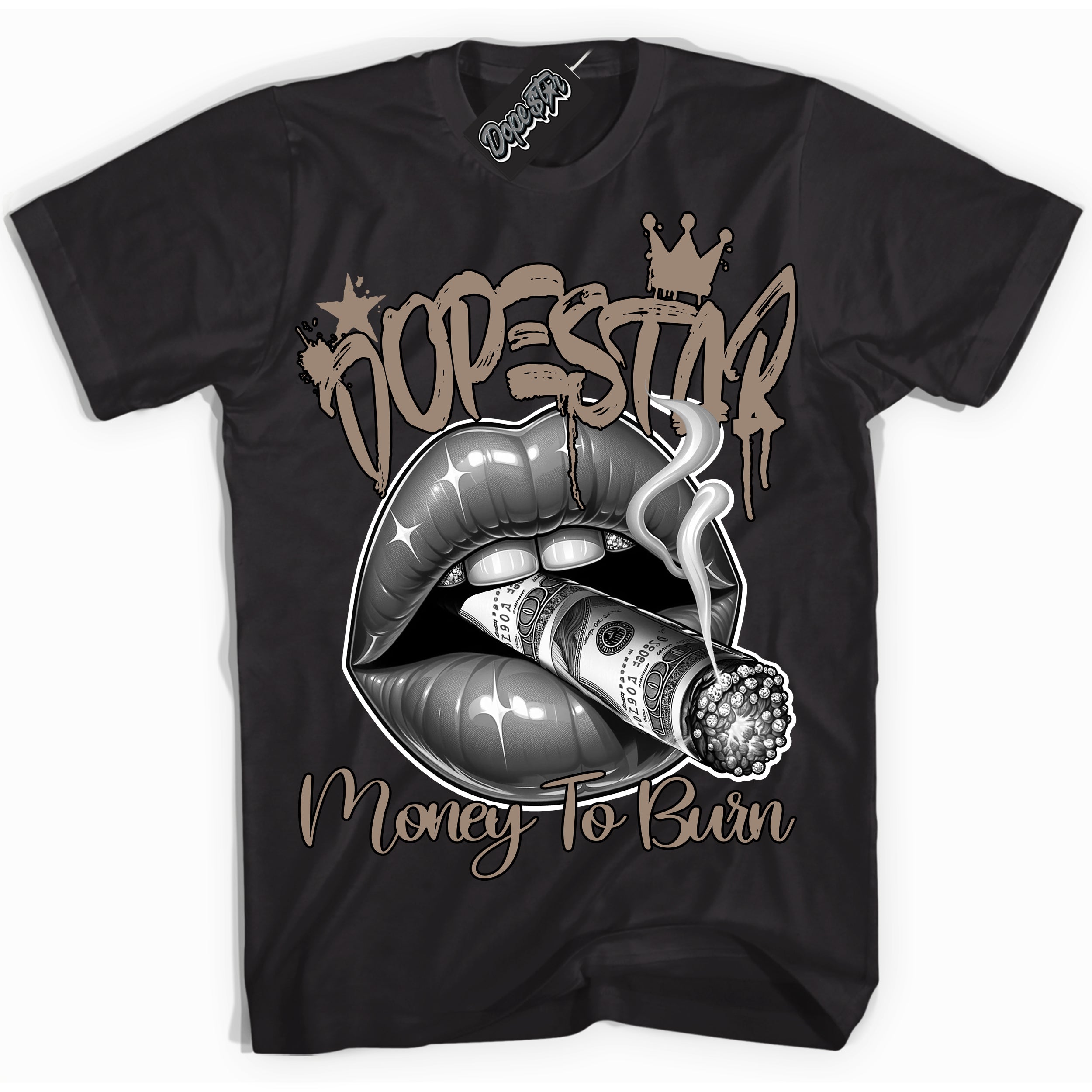 Cool Black Shirt with “ Money To Burn” design that perfectly matches Latte 1s Sneakers.