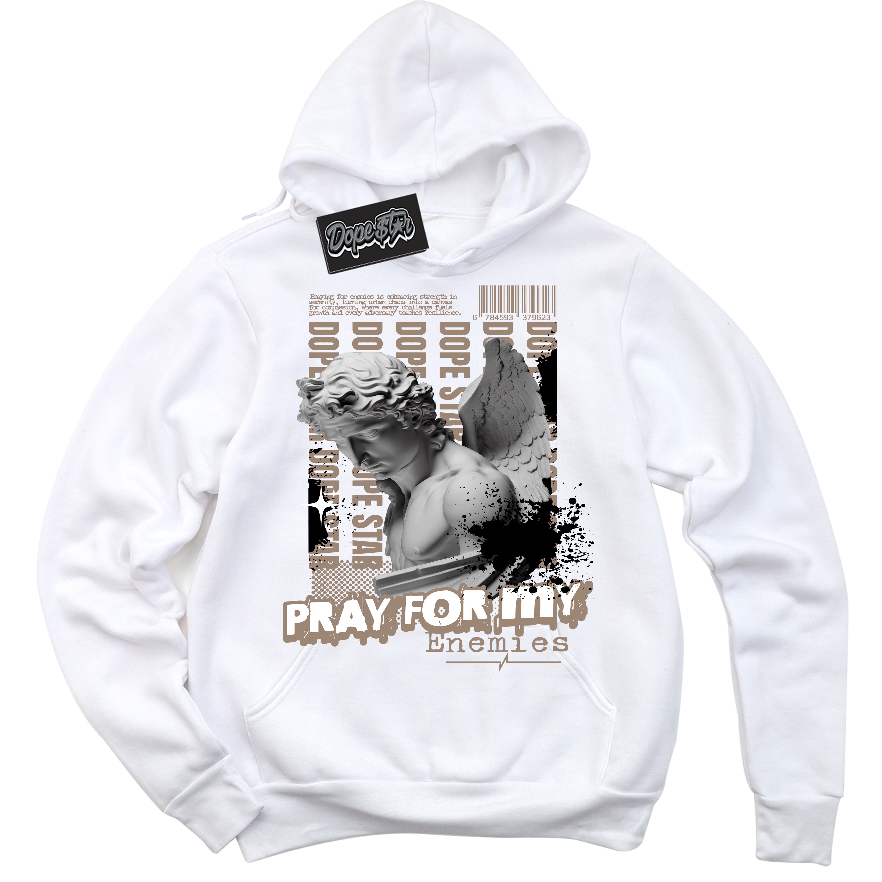 Cool White Hoodie with “ Pray Enemies ”  design that Perfectly Matches Latte 1s Sneakers.