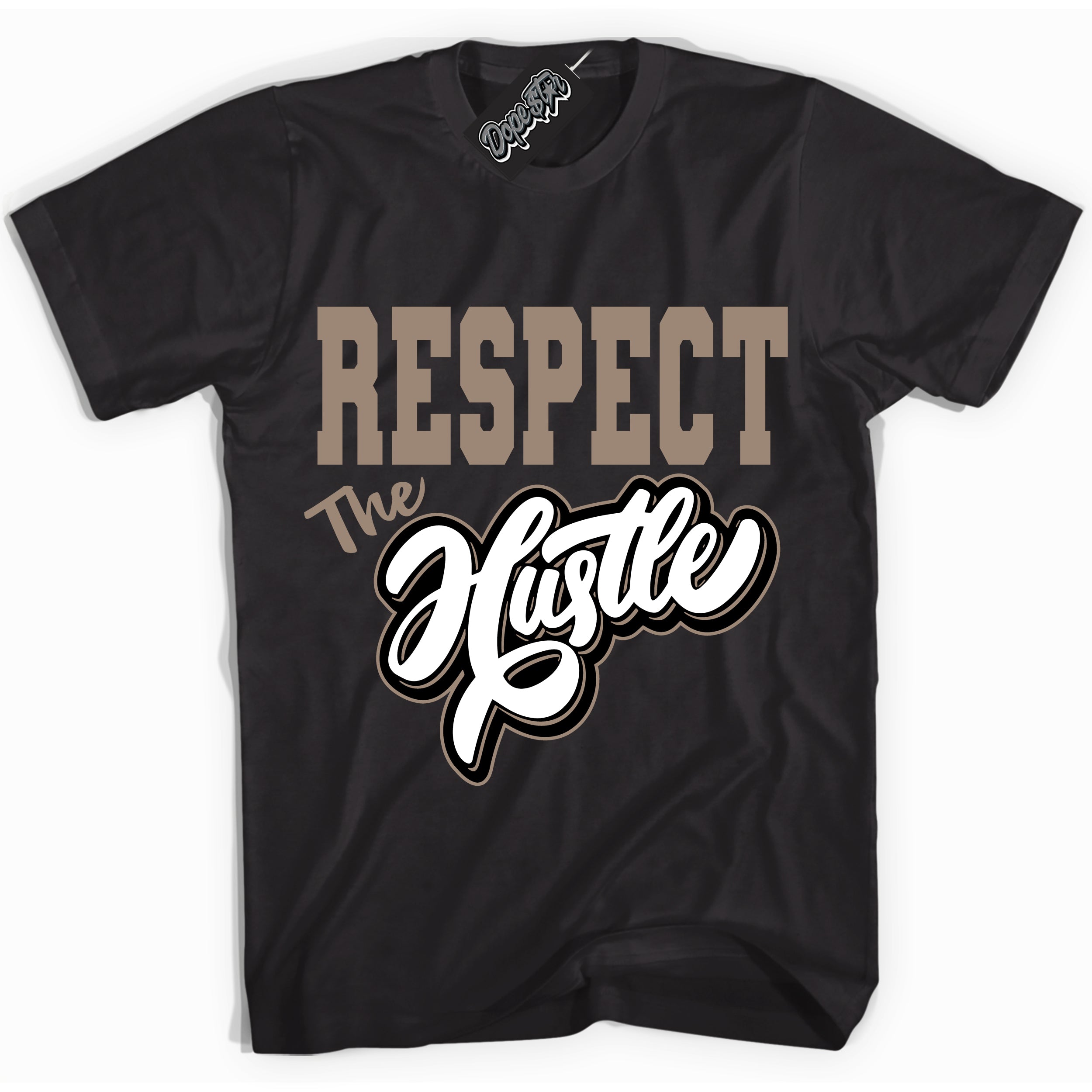 Cool Black Shirt with “ Respect The Hustle ” design that perfectly matches Latte 1s Sneakers.