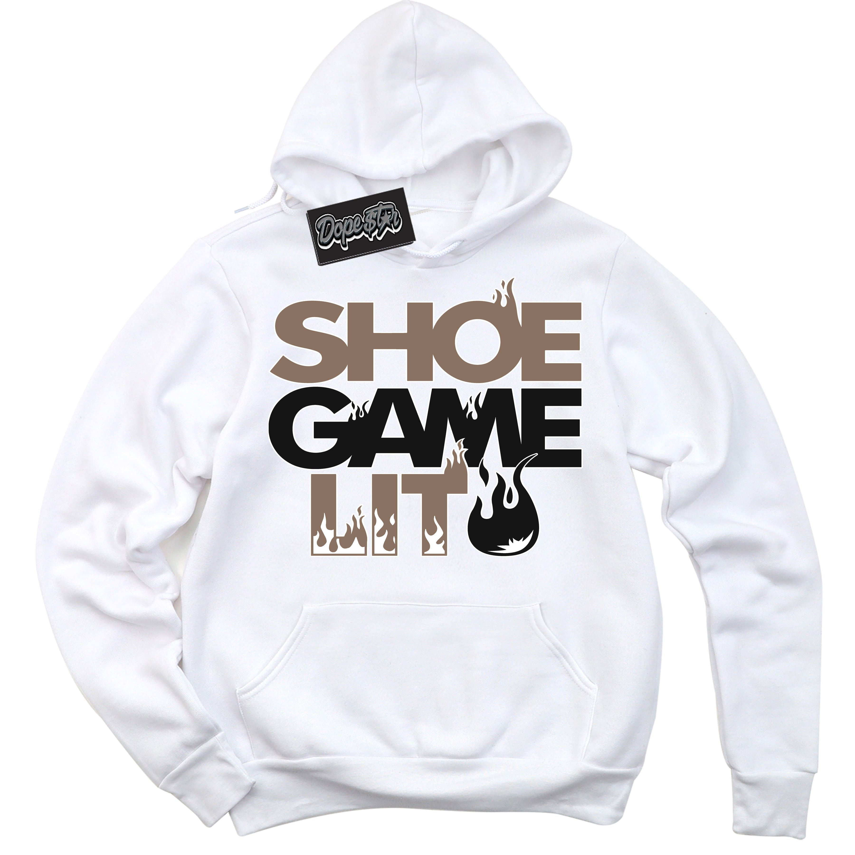 Cool White Hoodie with “ Shoe Game Lit ”  design that Perfectly Matches  Latte 1s Sneakers.