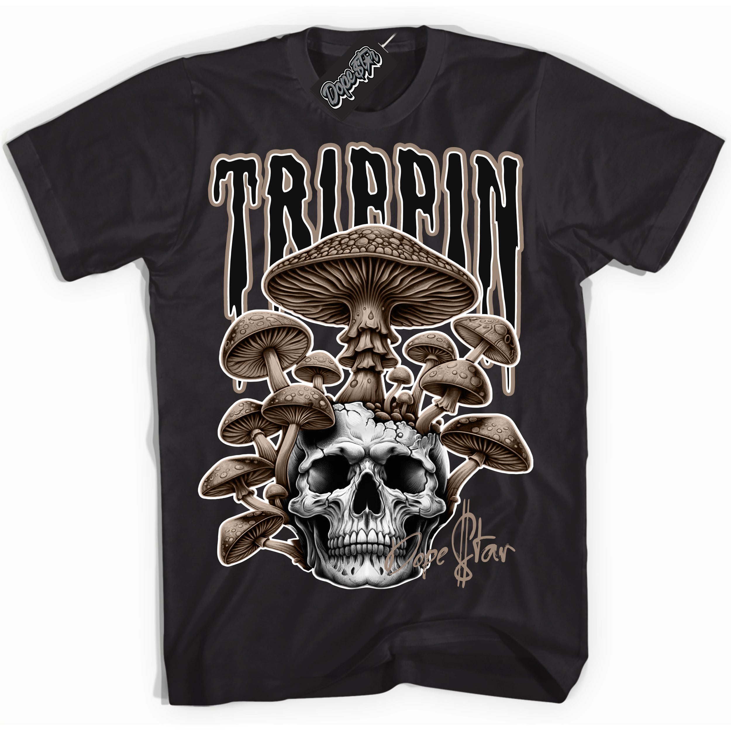 Cool Black Shirt with “Trippin” design that perfectly matches the Latte 1s Sneakers.