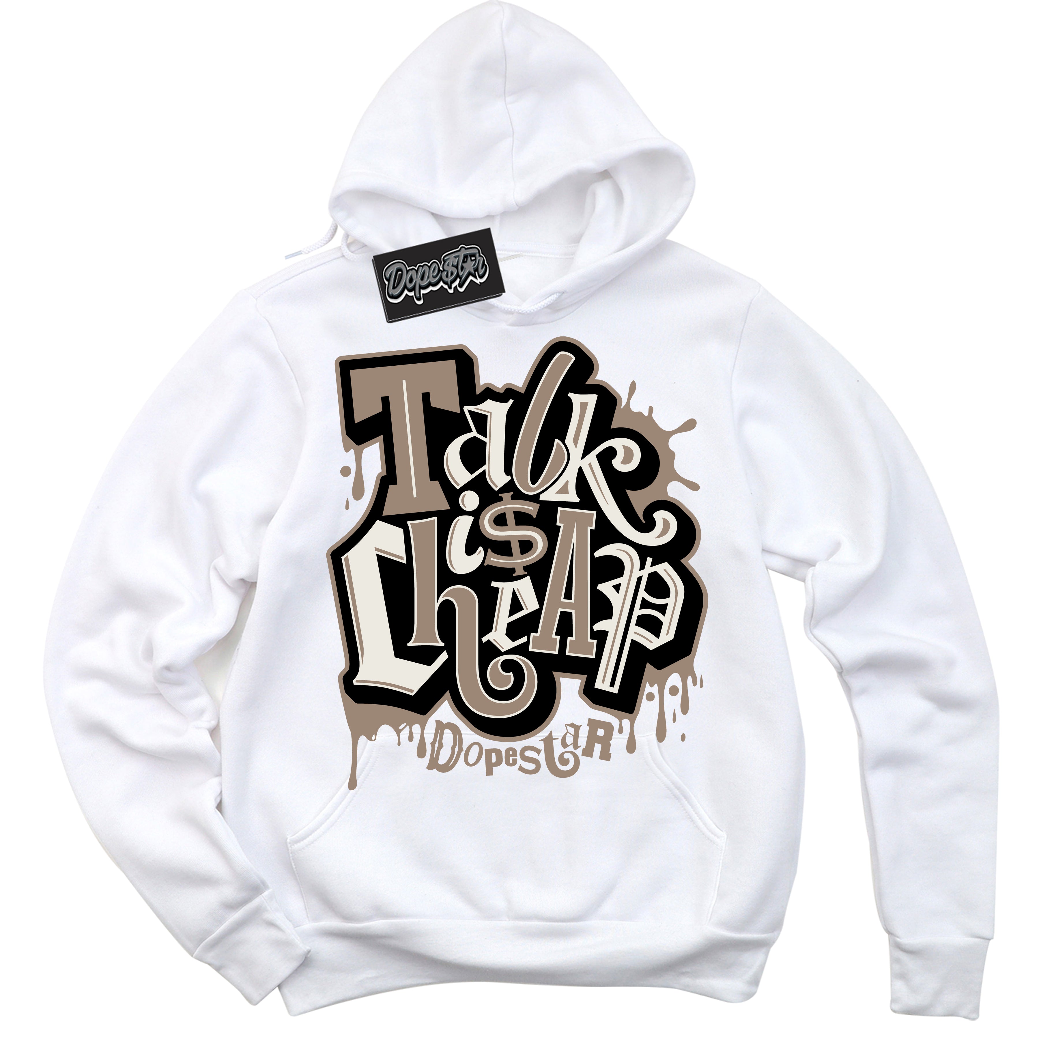 Cool White Hoodie with “ Talk Is Cheap ”  design that Perfectly Matches  Latte 1s Sneakers.