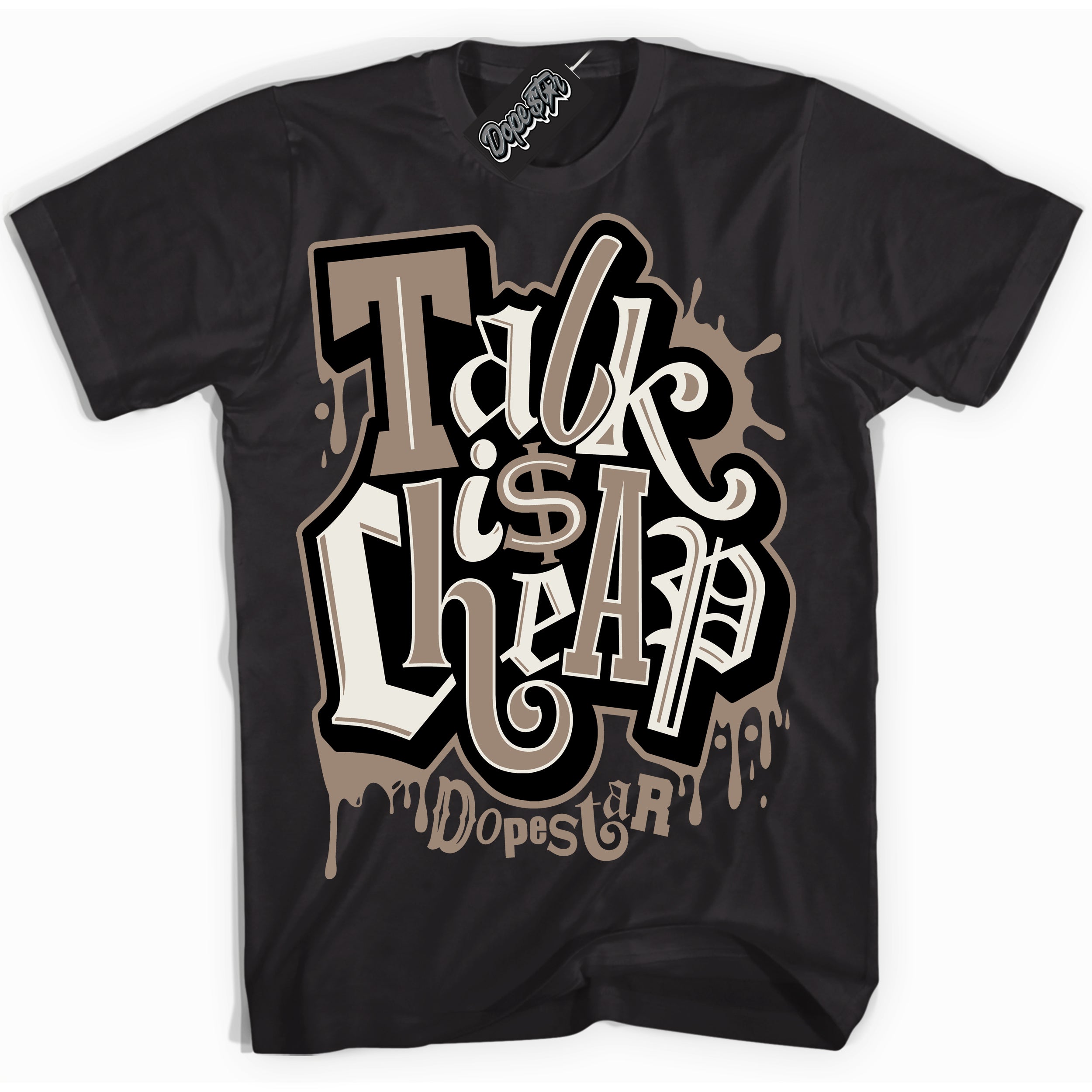 Cool Black Shirt with “ Talk Is Cheap ” design that perfectly matches Latte 1s Sneakers.