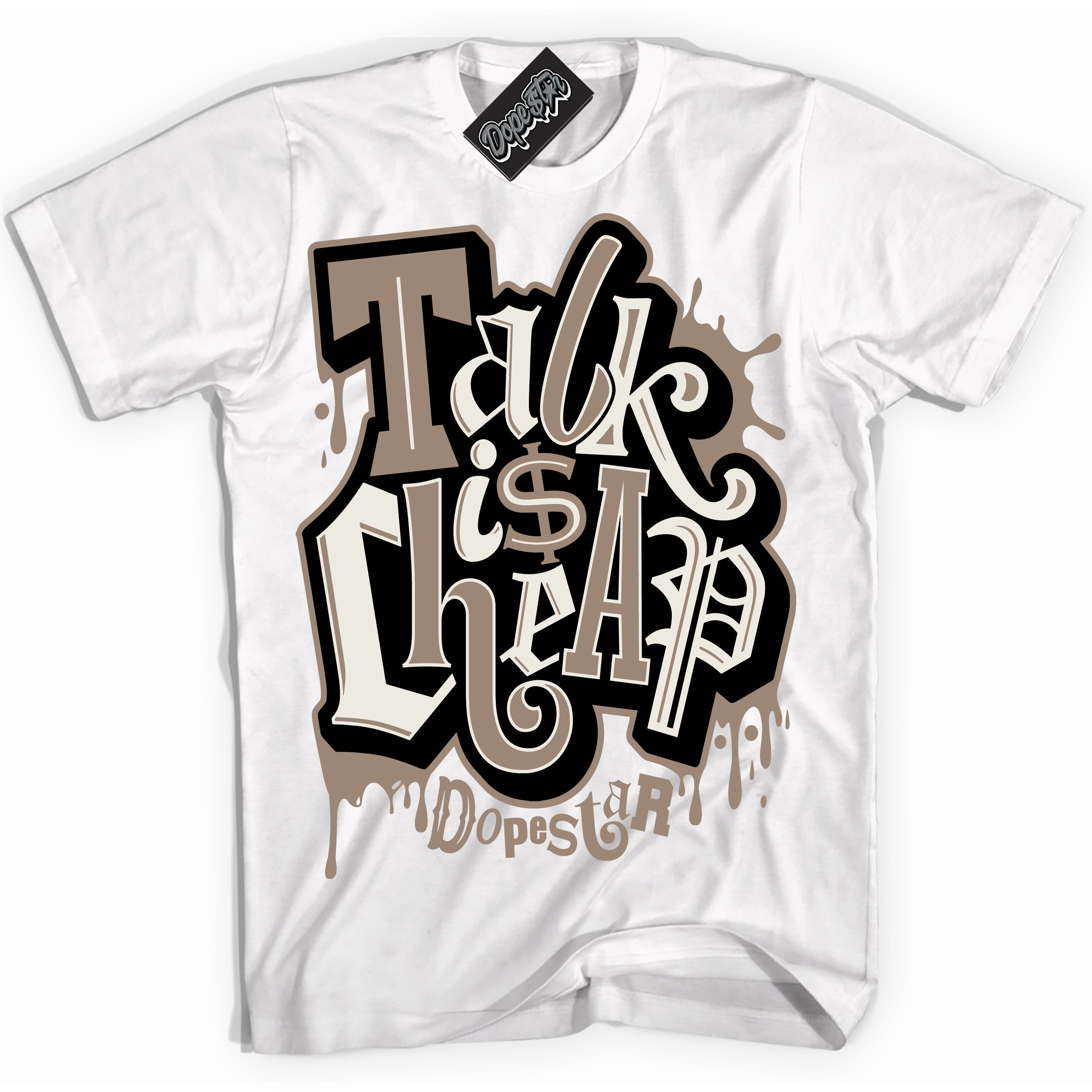 Cool White Shirt with “ Talk Is Cheap ” design that perfectly matches Latte 1s Sneakers.