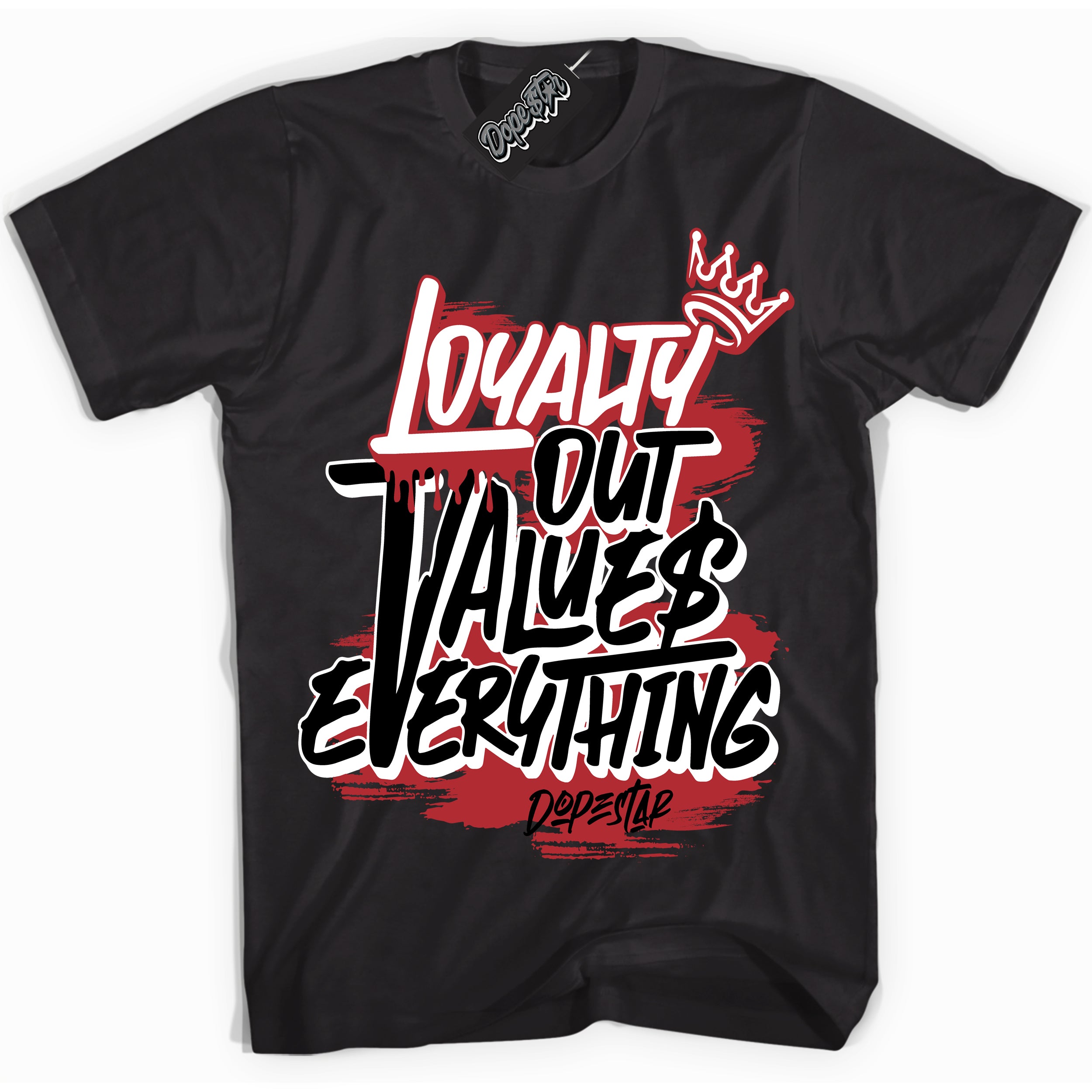 Cool Black Shirt with “ Loyalty Out Values Everything” design that perfectly matches Lost And Found 1s Sneakers.