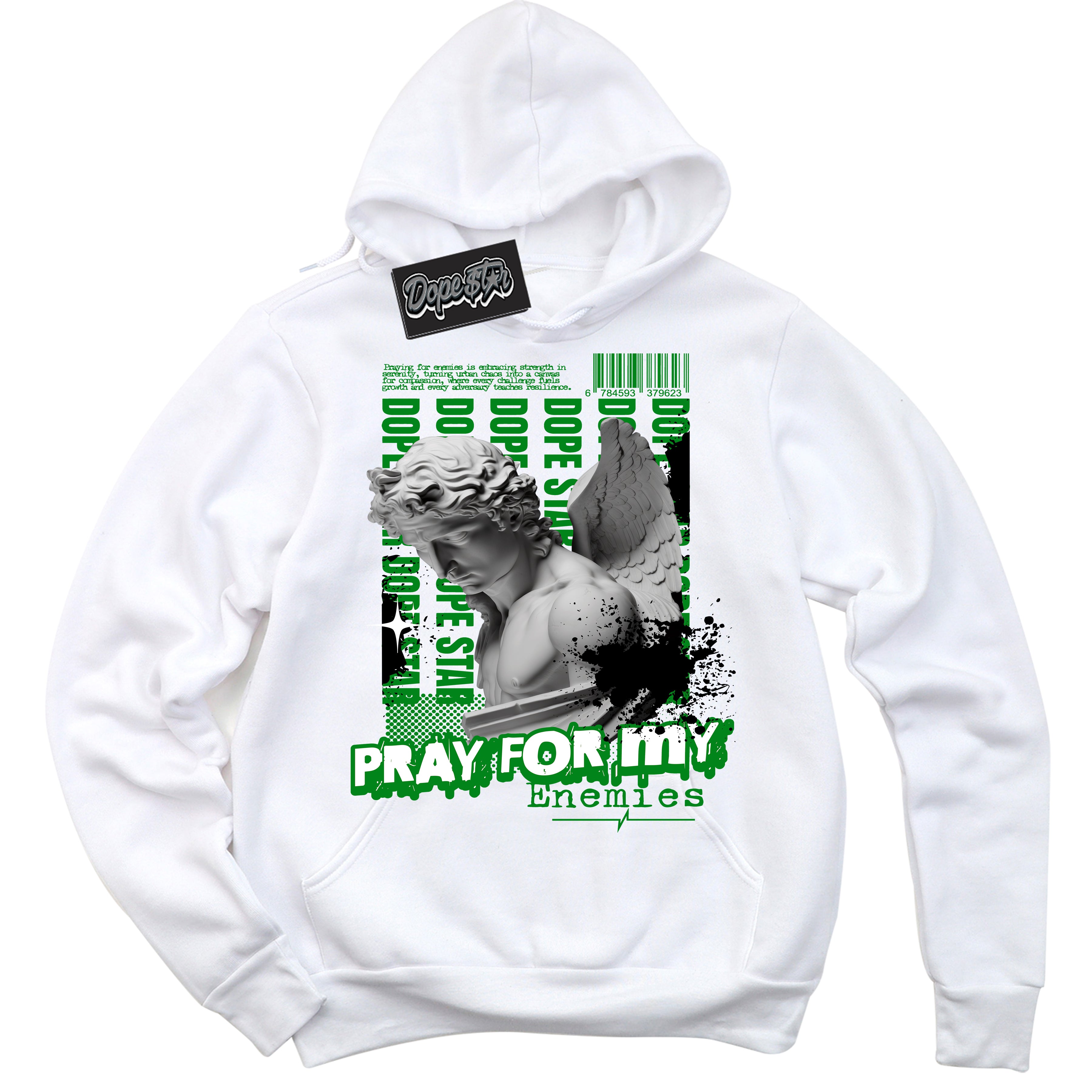 Cool White Hoodie with “ Pray Enemies ”  design that Perfectly Matches Retro Lucky Green 1s Sneakers.