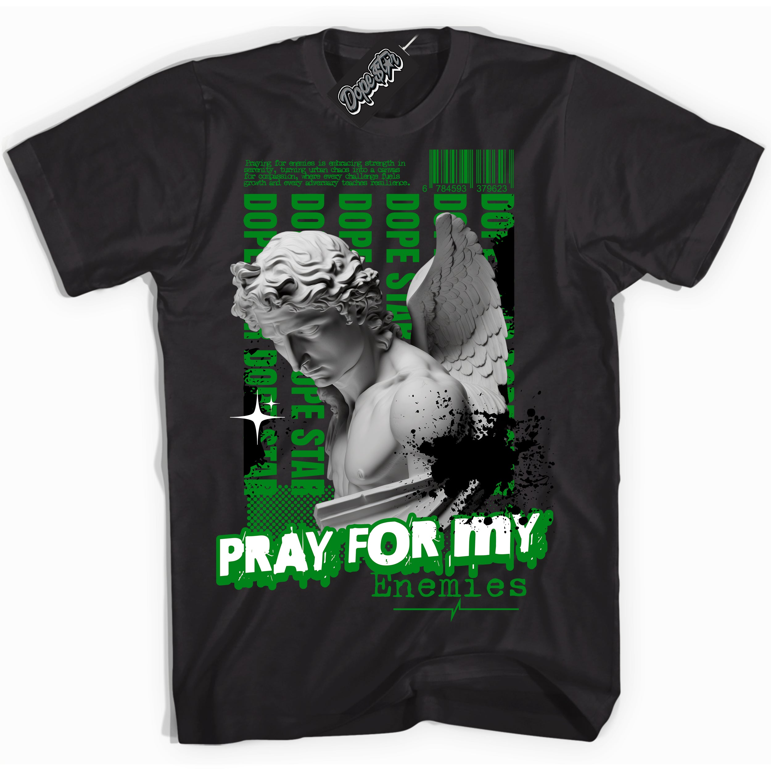 Cool Black Shirt with “ Pray Enemies” design that perfectly matches Retro Lucky Green 1s Sneakers.