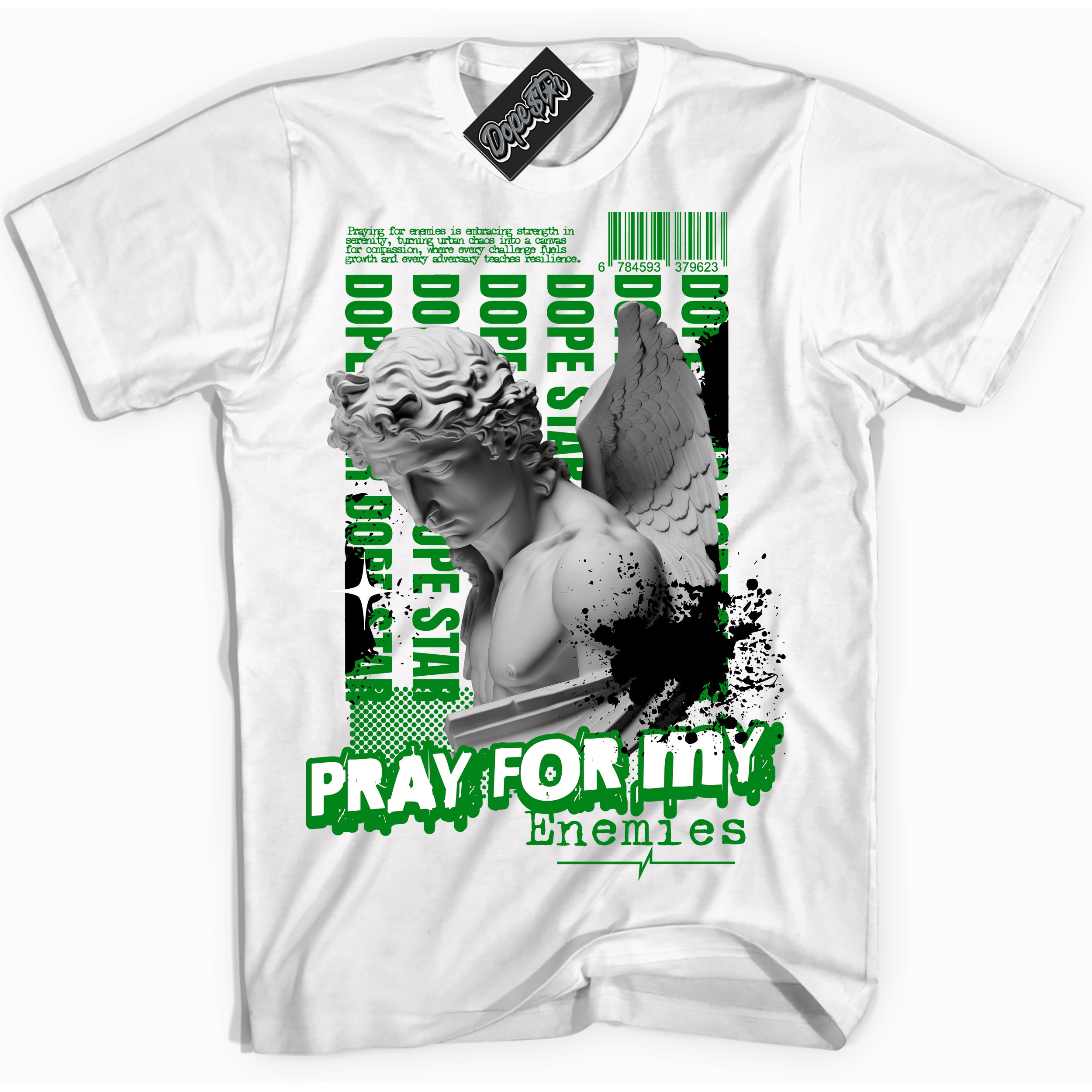 Cool White Shirt with “ Pray Enemies” design that perfectly matches Retro Lucky Green 1s Sneakers.