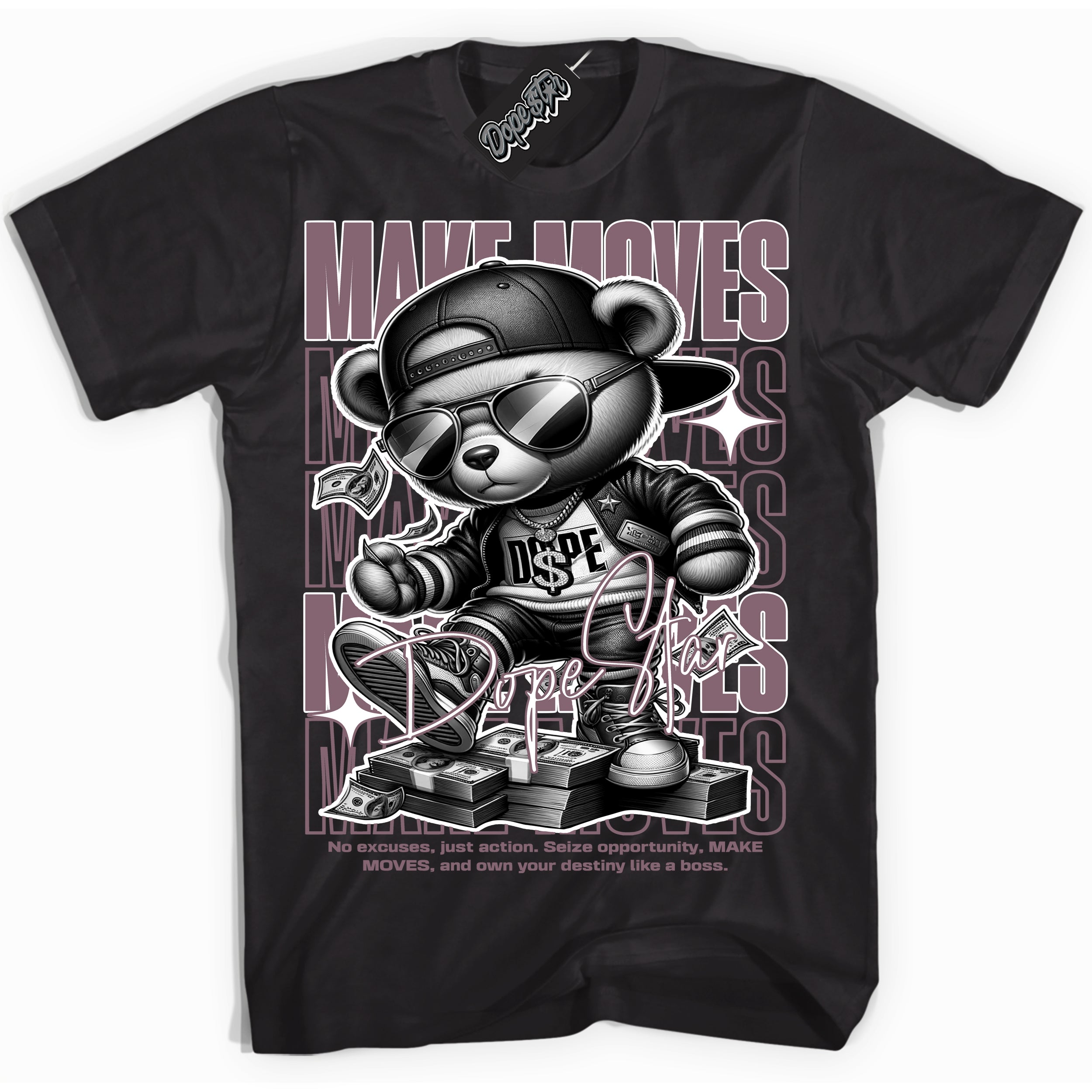 Cool Black Shirt with “ Makin Moves” design that perfectly matches Mauve 1s Sneakers.