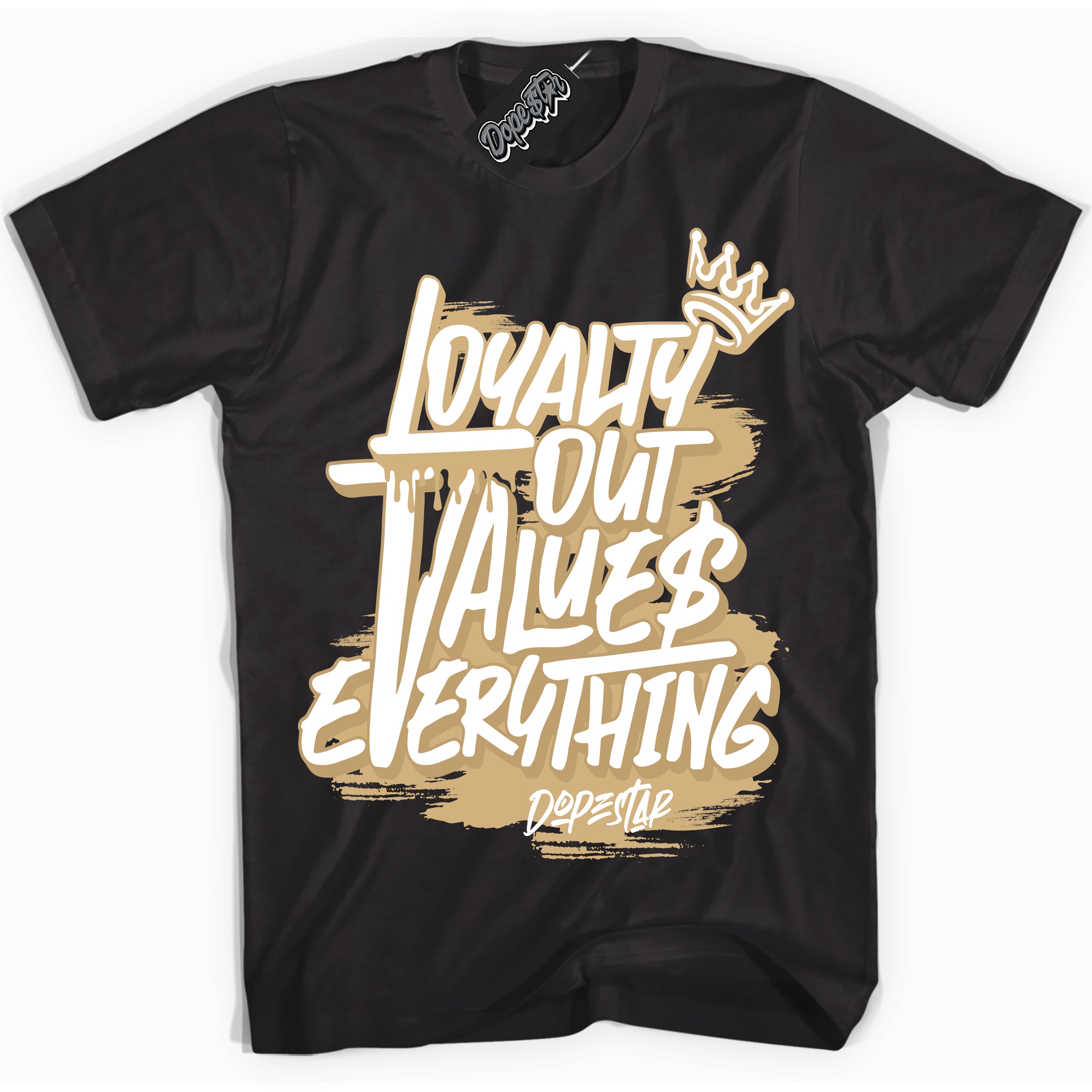 Cool Black Shirt with “ Loyalty Out Values Everything” design that perfectly matches Metallic Gold 1s Sneakers.