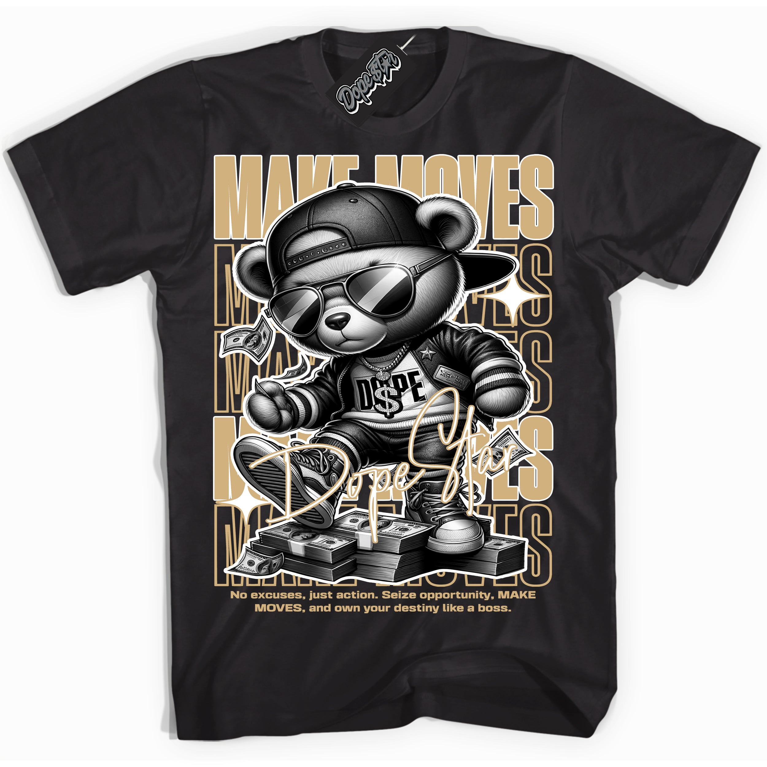 Cool Black Shirt with “ Makin Moves” design that perfectly matches Metallic Gold 1s Sneakers.