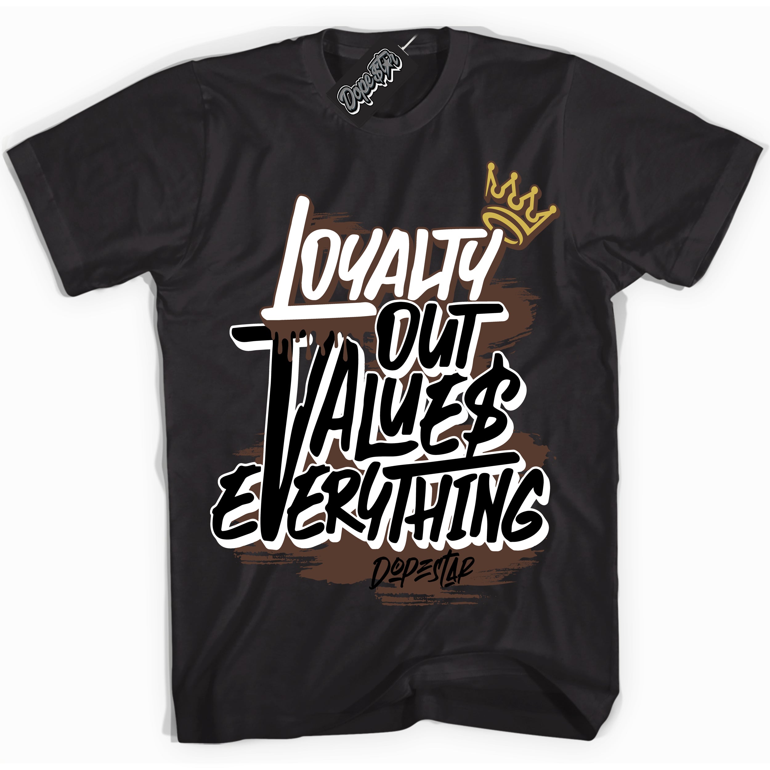 Cool Black Shirt with “ Loyalty Out Values Everything” design that perfectly matches Palomino 1s Sneakers.