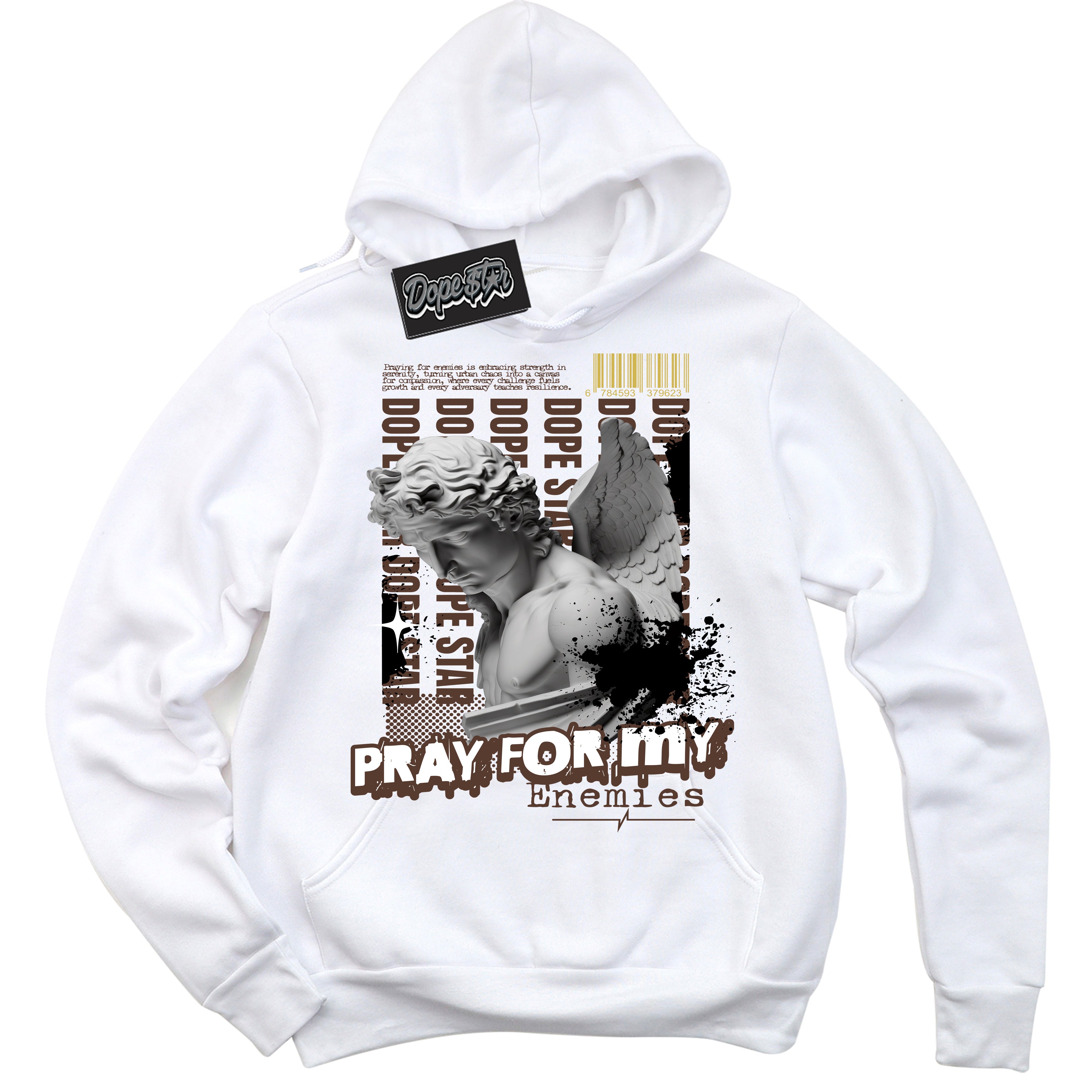 Cool White Hoodie with “ Pray Enemies ”  design that Perfectly Matches Palomino 1s Sneakers.