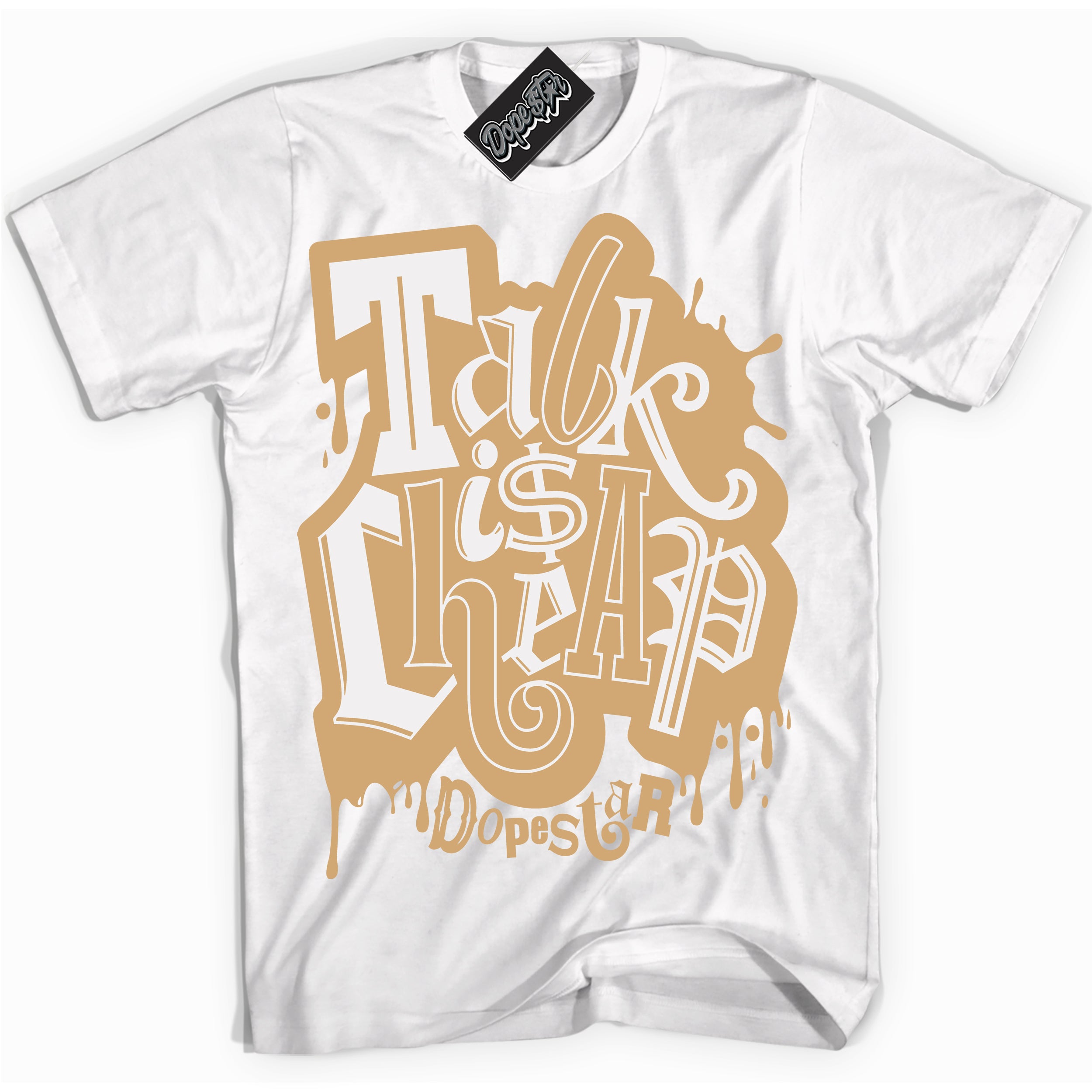 Cool White Shirt with “ Talk Is Cheap” design that perfectly matches Praline 1s Sneakers.