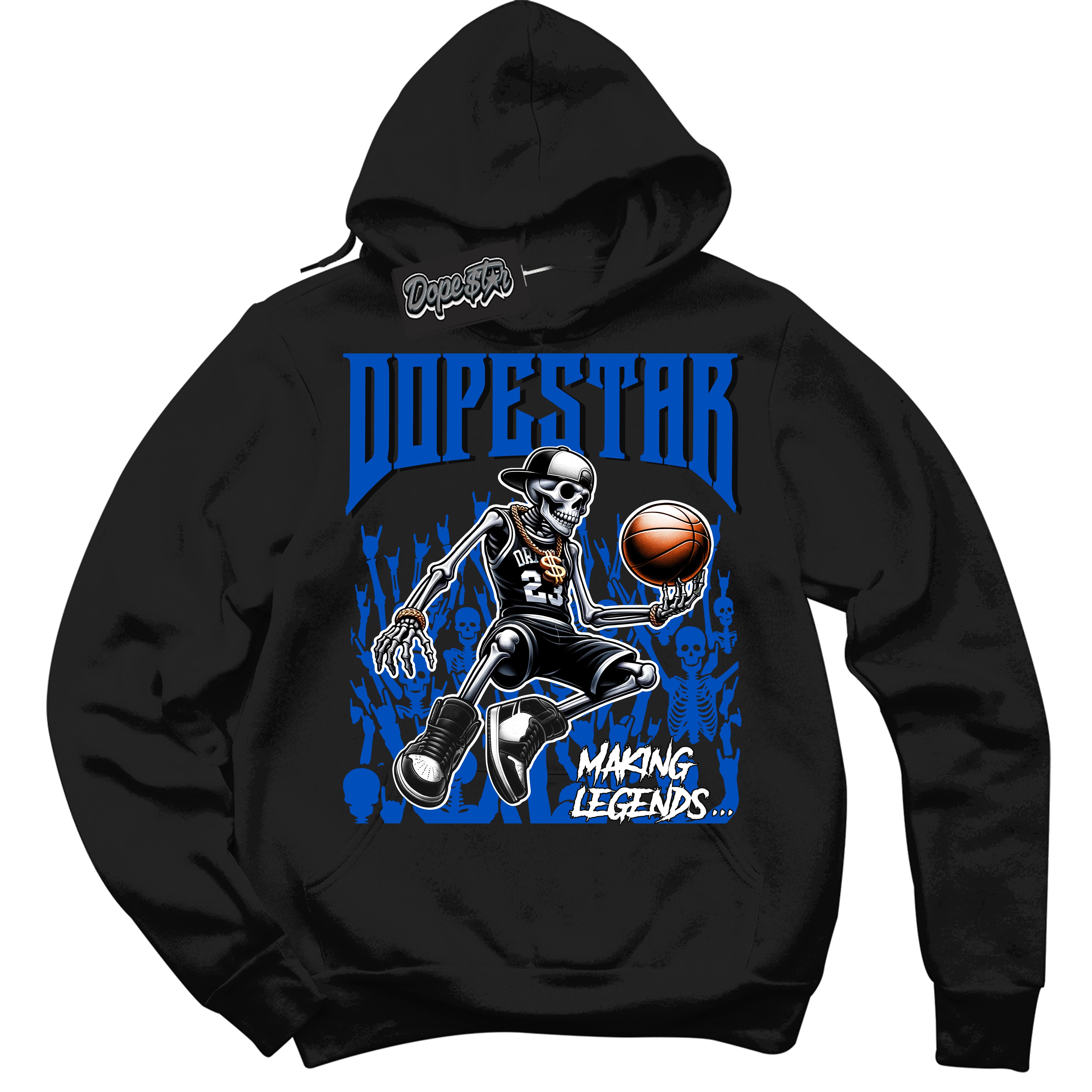 Cool Black Hoodie with “ Making Legends ”  design that Perfectly Matches Royal Reimagined 1s Sneakers.