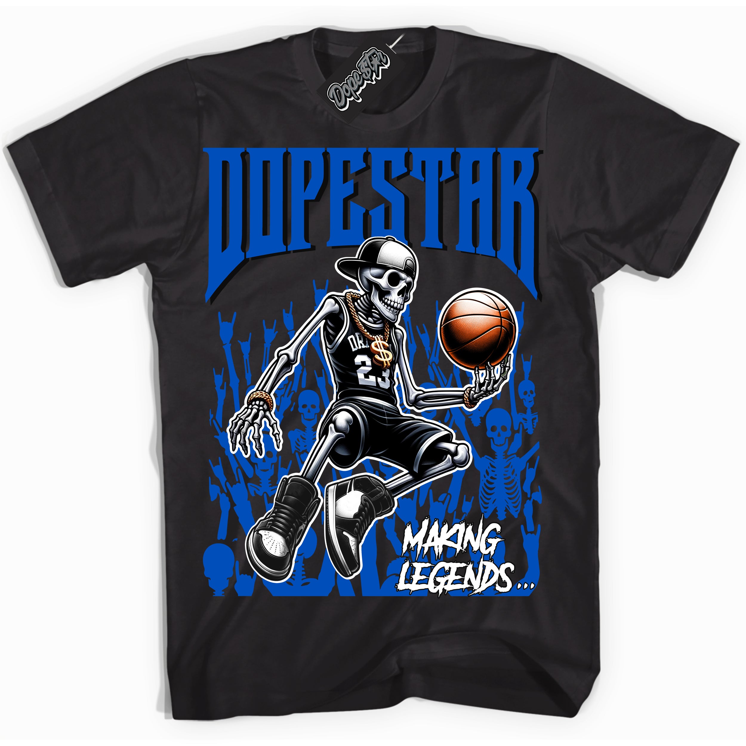 Cool Black Shirt with “ Making Legends ” design that perfectly matches Royal Reimagined 1s Sneakers.