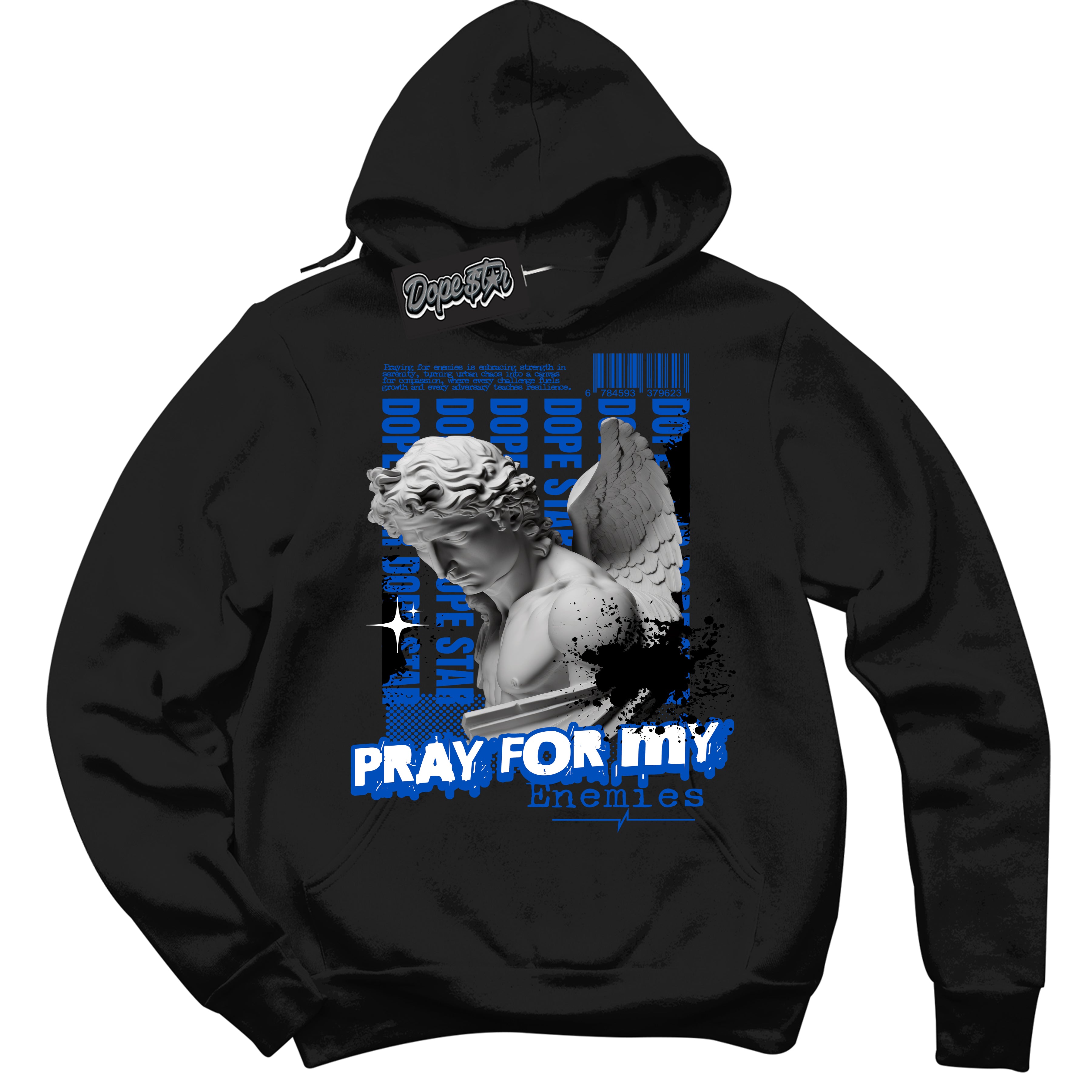 Cool Black Hoodie with “ Pray Enemies ”  design that Perfectly Matches Royal Reimagined 1s Sneakers.