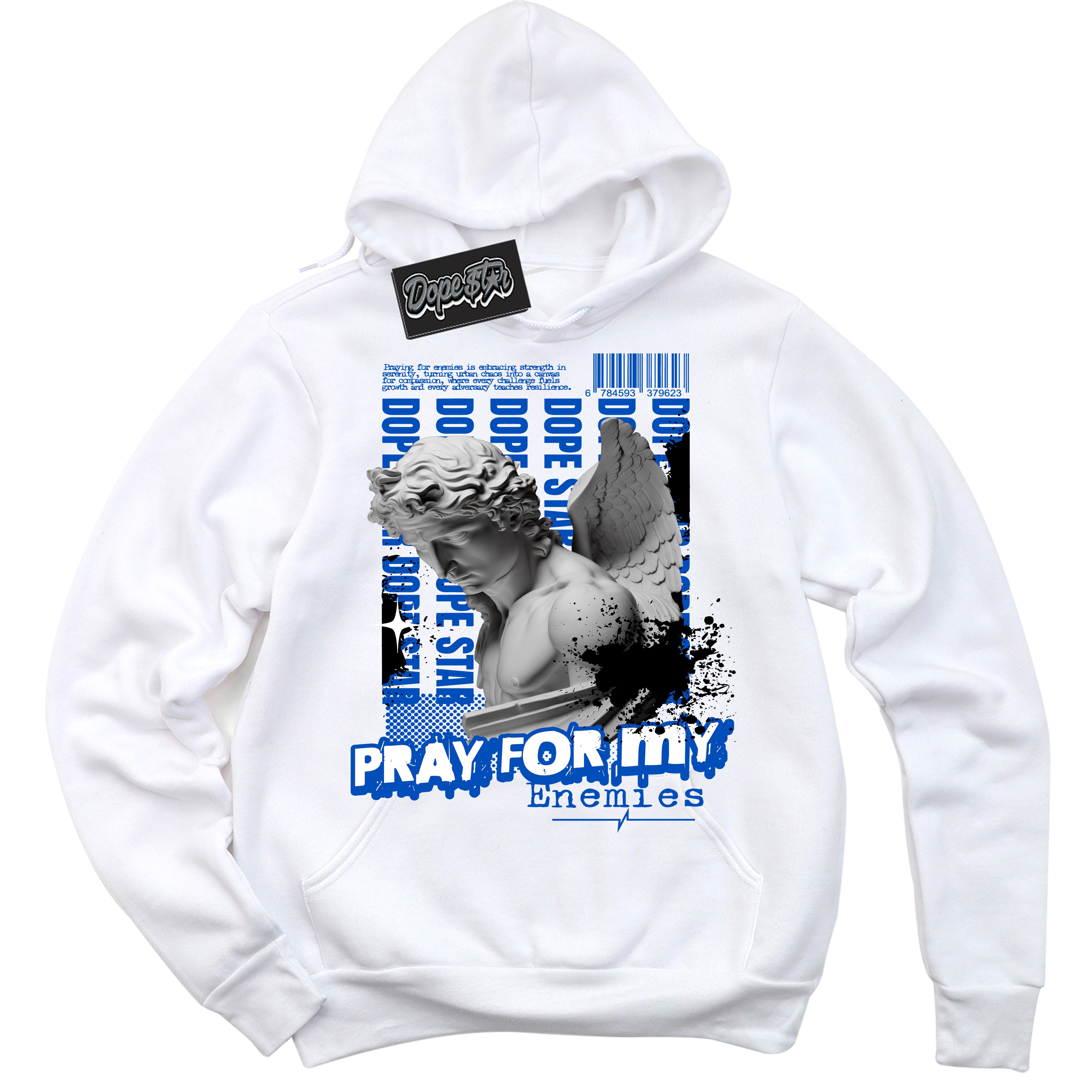 Cool White Hoodie with “ Pray Enemies ”  design that Perfectly Matches Royal Reimagined 1s Sneakers.