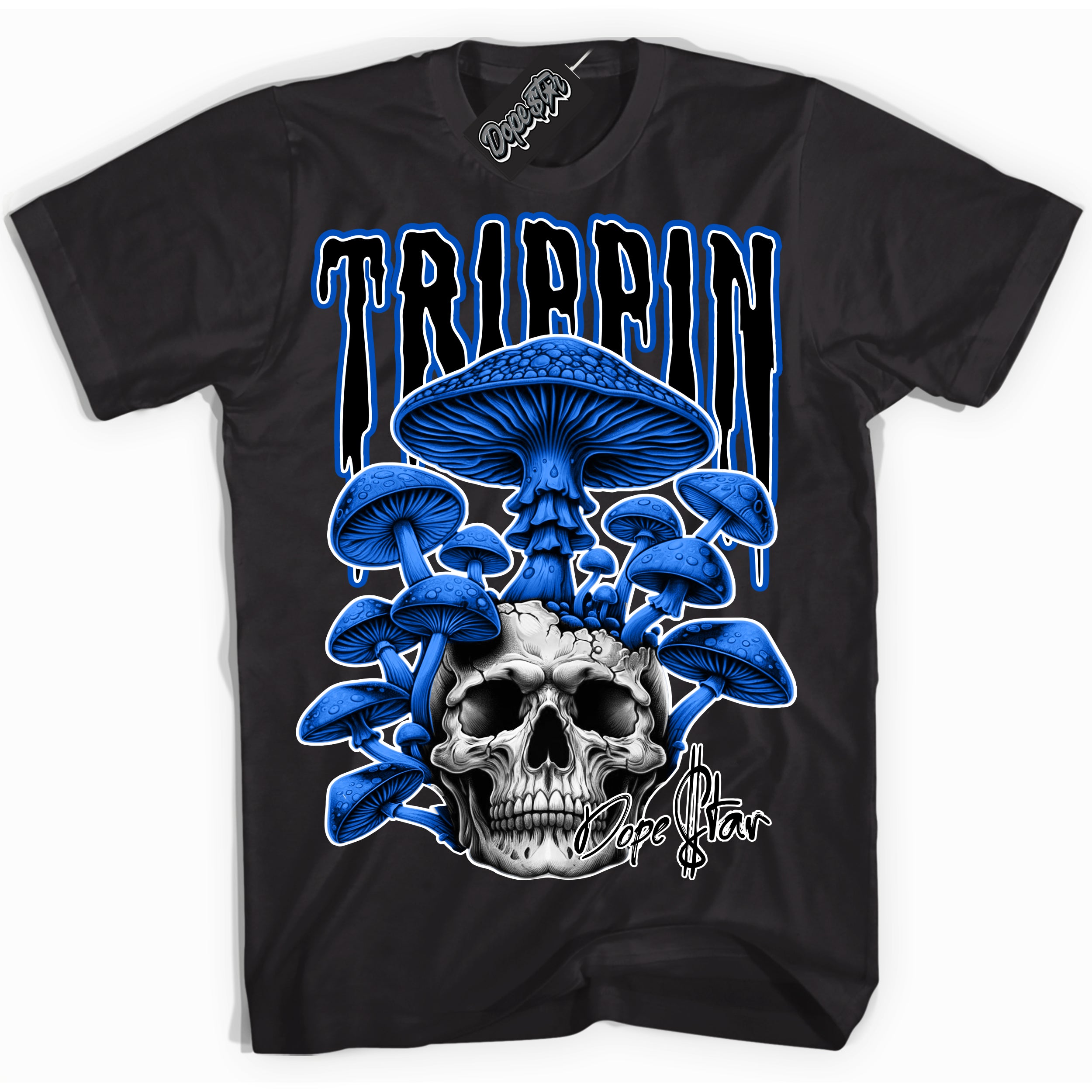 Cool Black Shirt with “Trippin” design that perfectly matches the Royal Reimagined 1s Jordans.