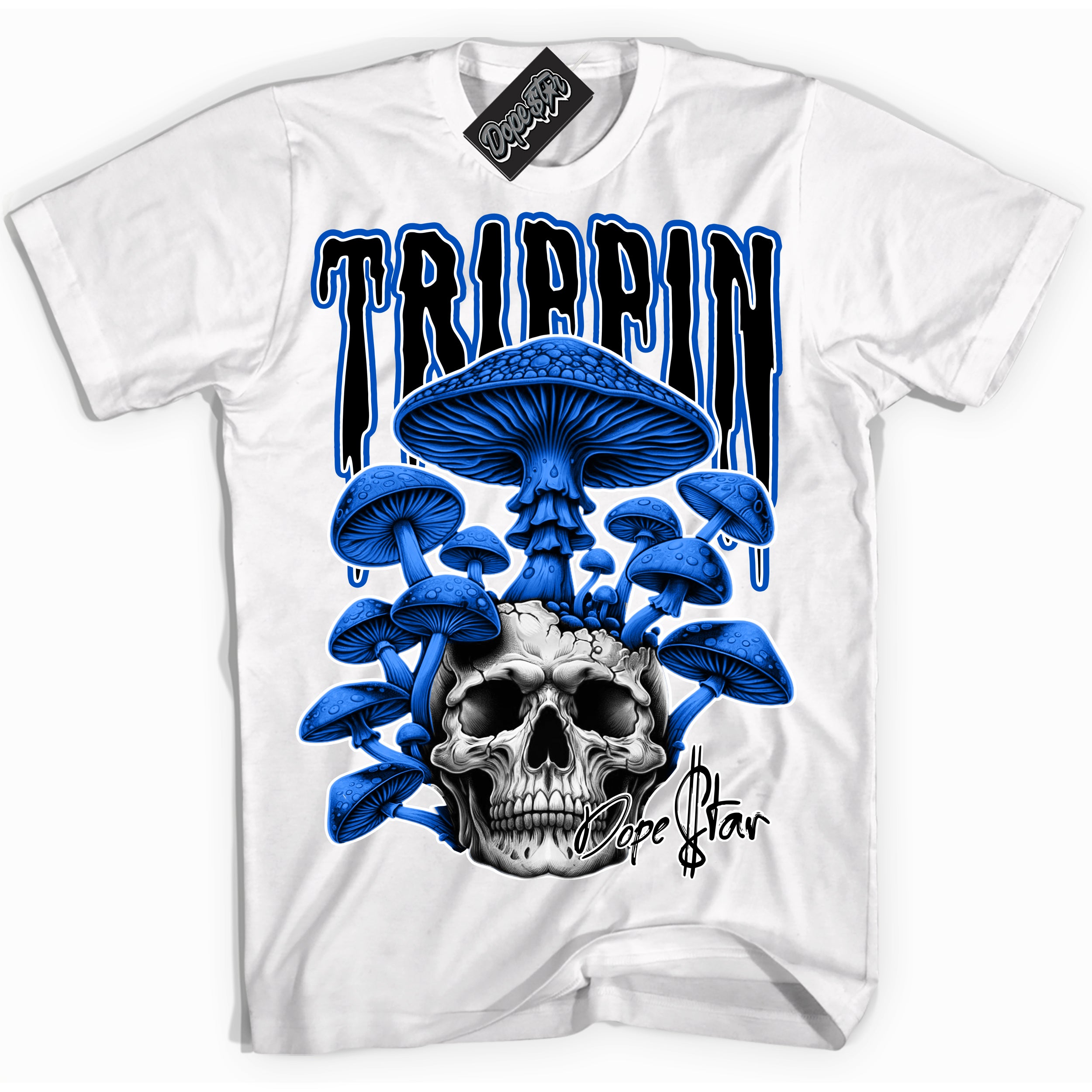 Cool White Shirt with “Trippin” design that perfectly matches the Royal Reimagined 1s Jordans.