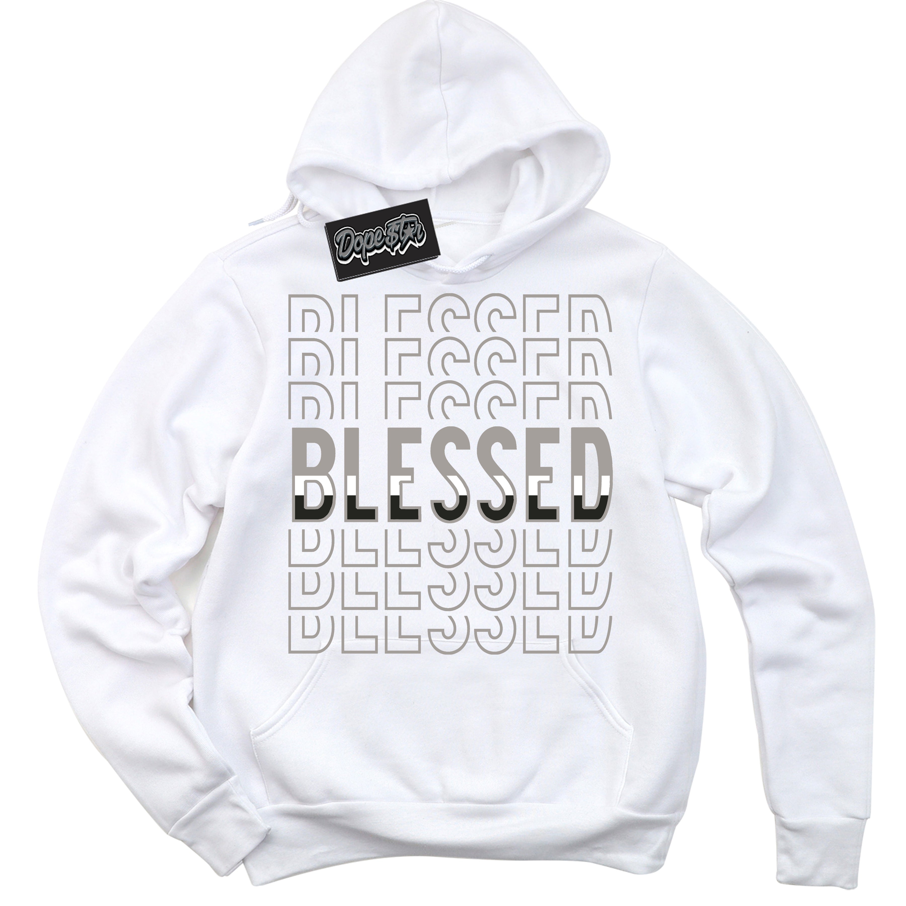 Cool White Hoodie with “Blessed Stacked” design that Perfectly Matches Satin Shadow 1s Jordans.