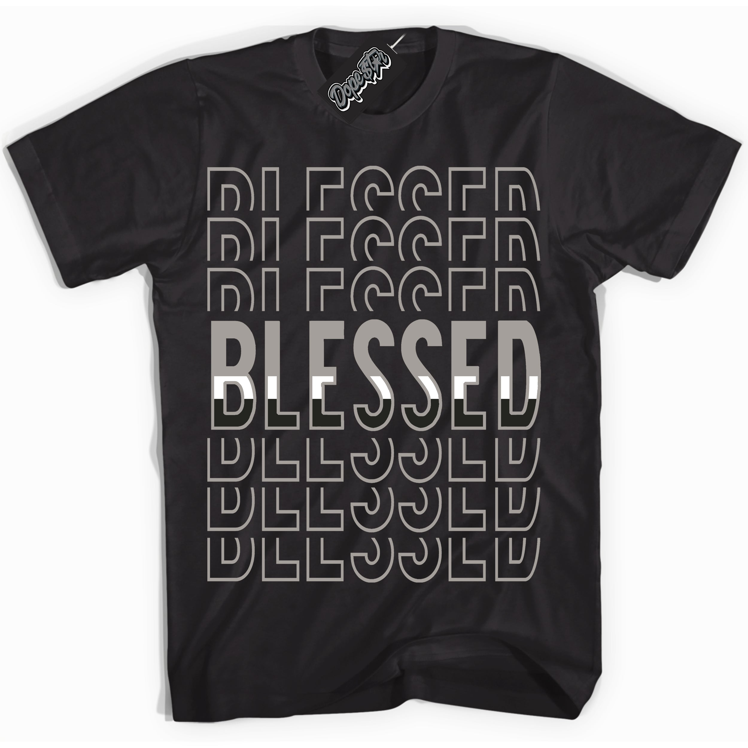 Cool Black Shirt with “Blessed Stacked” design that perfectly matches the Satin Shadow 1s Jordans.