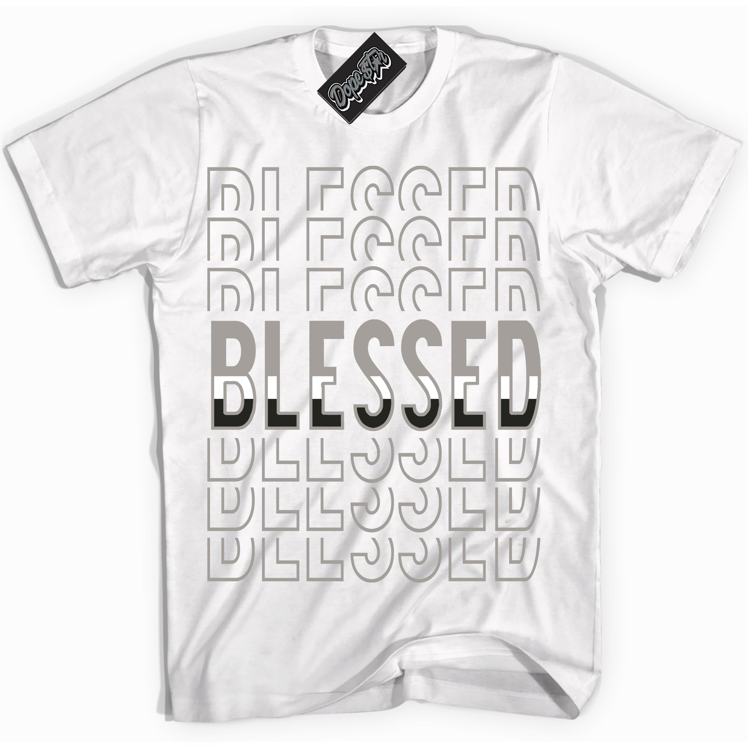 Cool White Shirt with “Blessed Stacked” design that perfectly matches the Satin Shadow 1s Jordans.