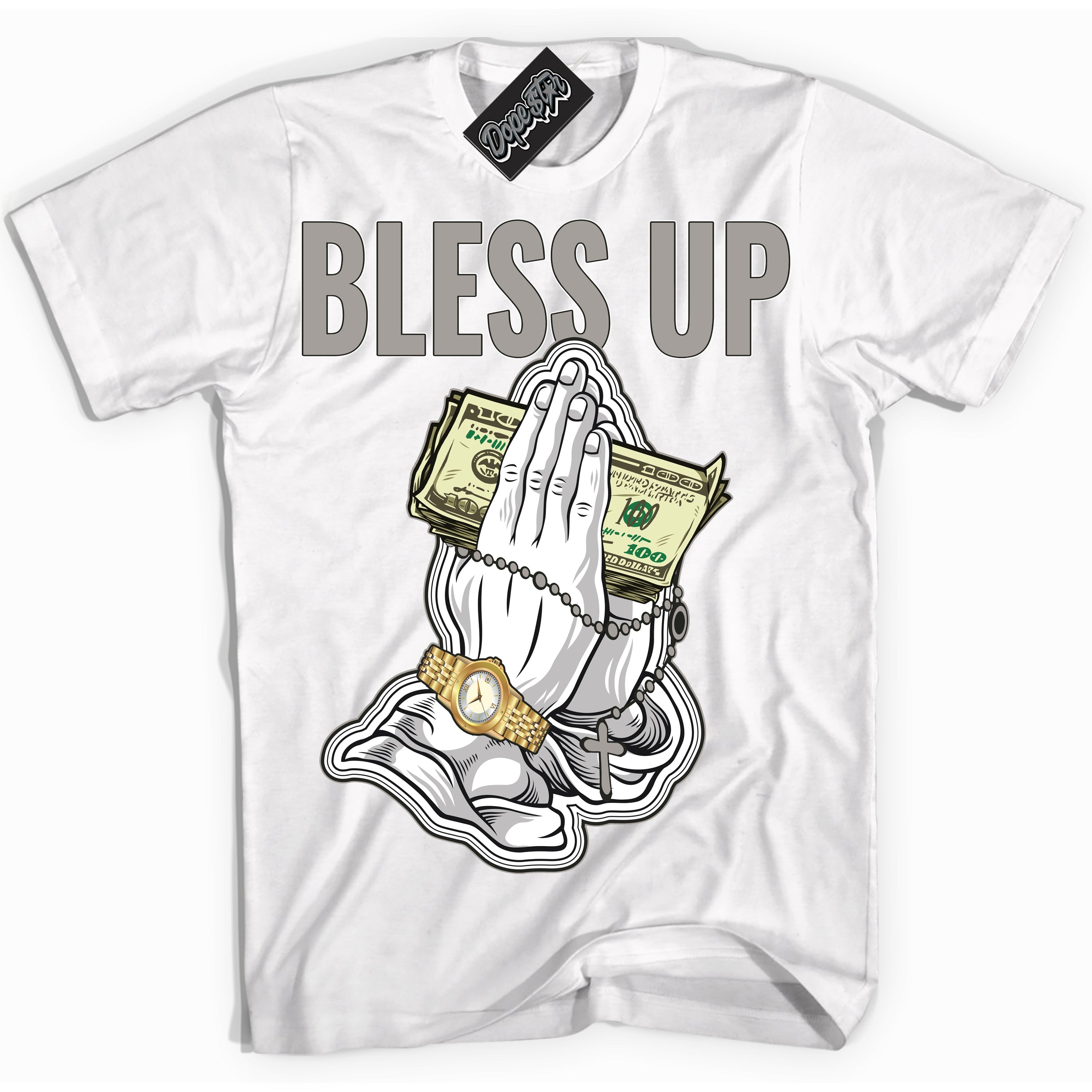 Cool White Shirt with “Bless Up” design that perfectly matches the Satin Shadow 1s Jordans.