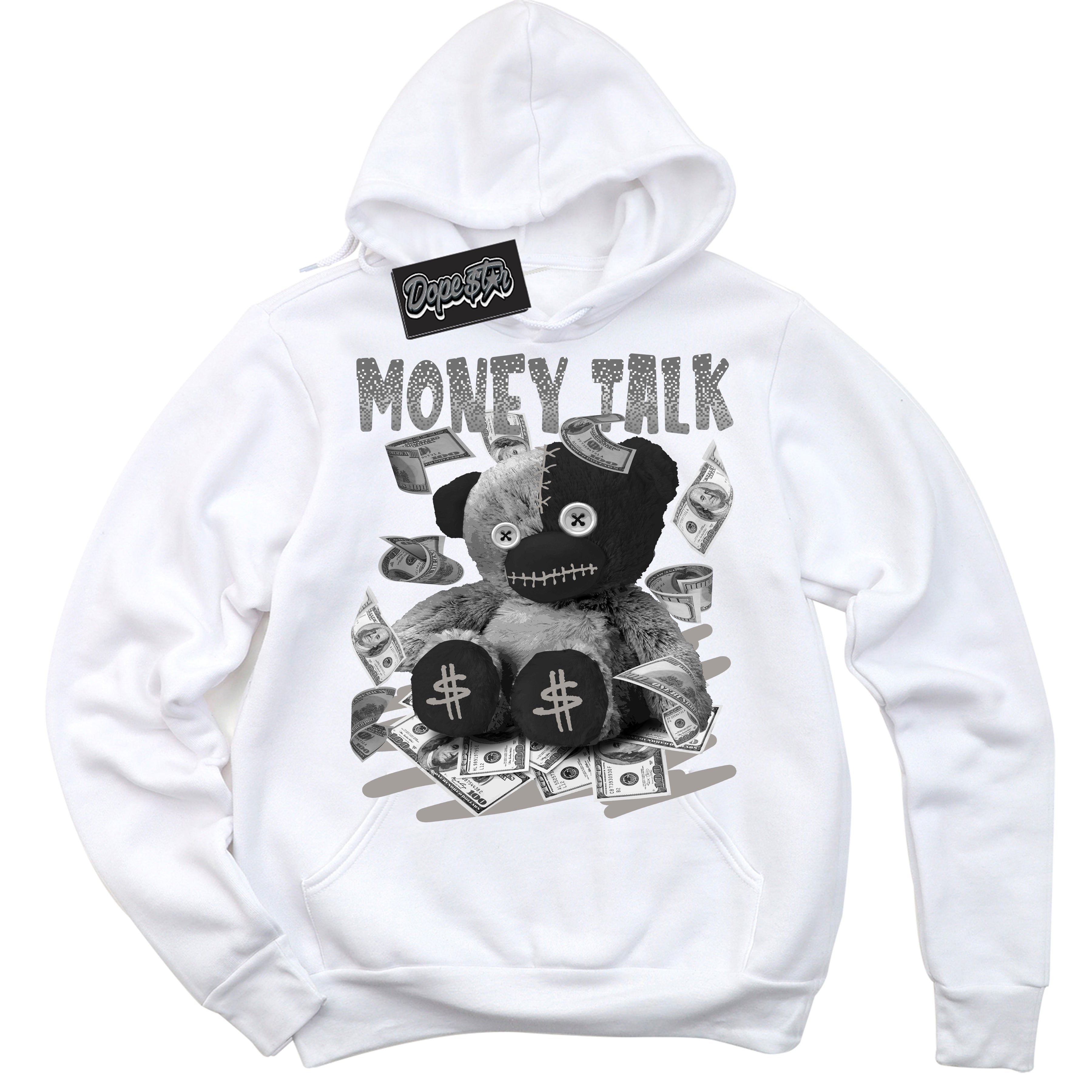 Cool White Hoodie with “Money Talk Bear” design that Perfectly Matches Satin Shadow 1s Jordans.