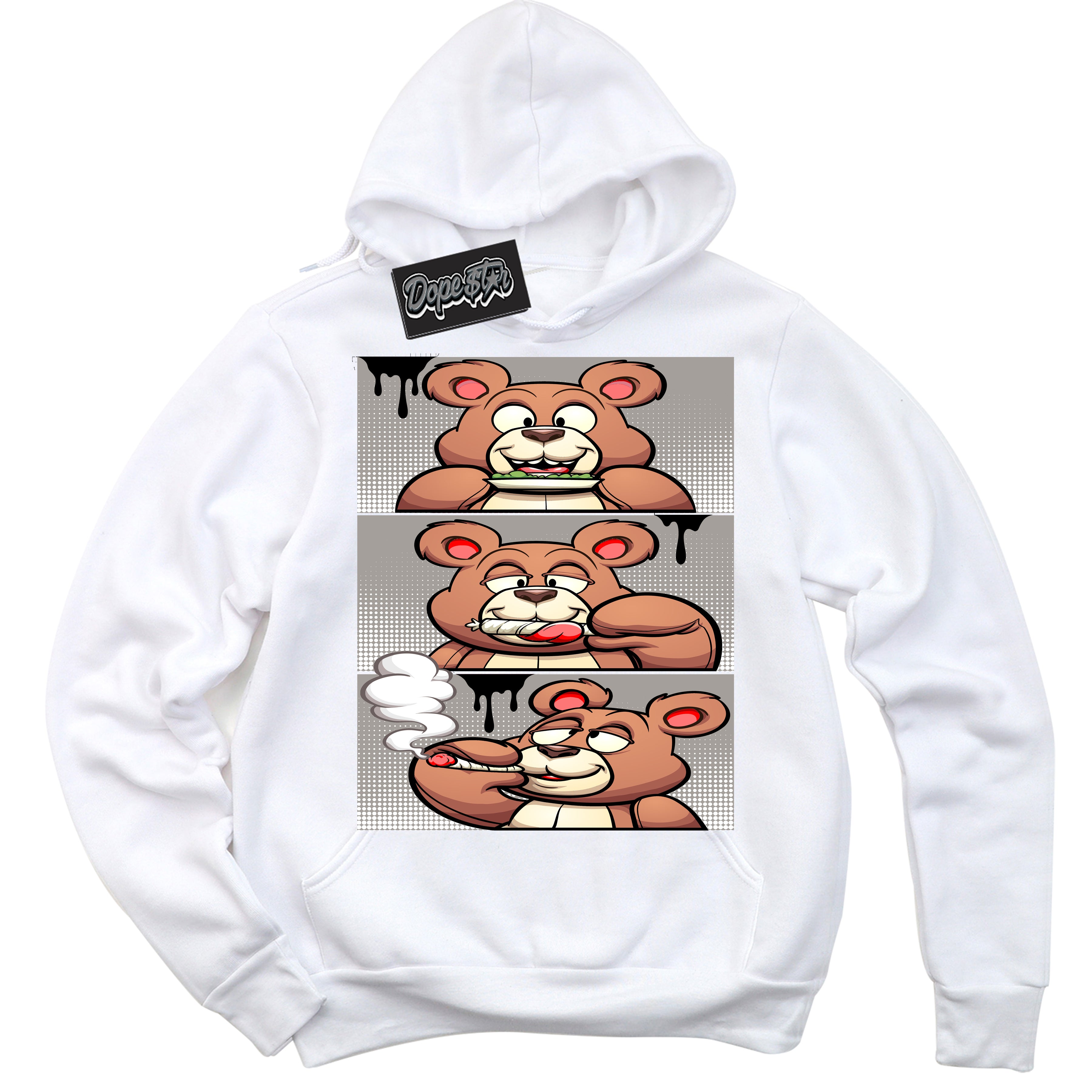 Cool White Hoodie with “Roll It Lick It Smoke It Bear” design that Perfectly Matches Satin Shadow 1s Jordans.