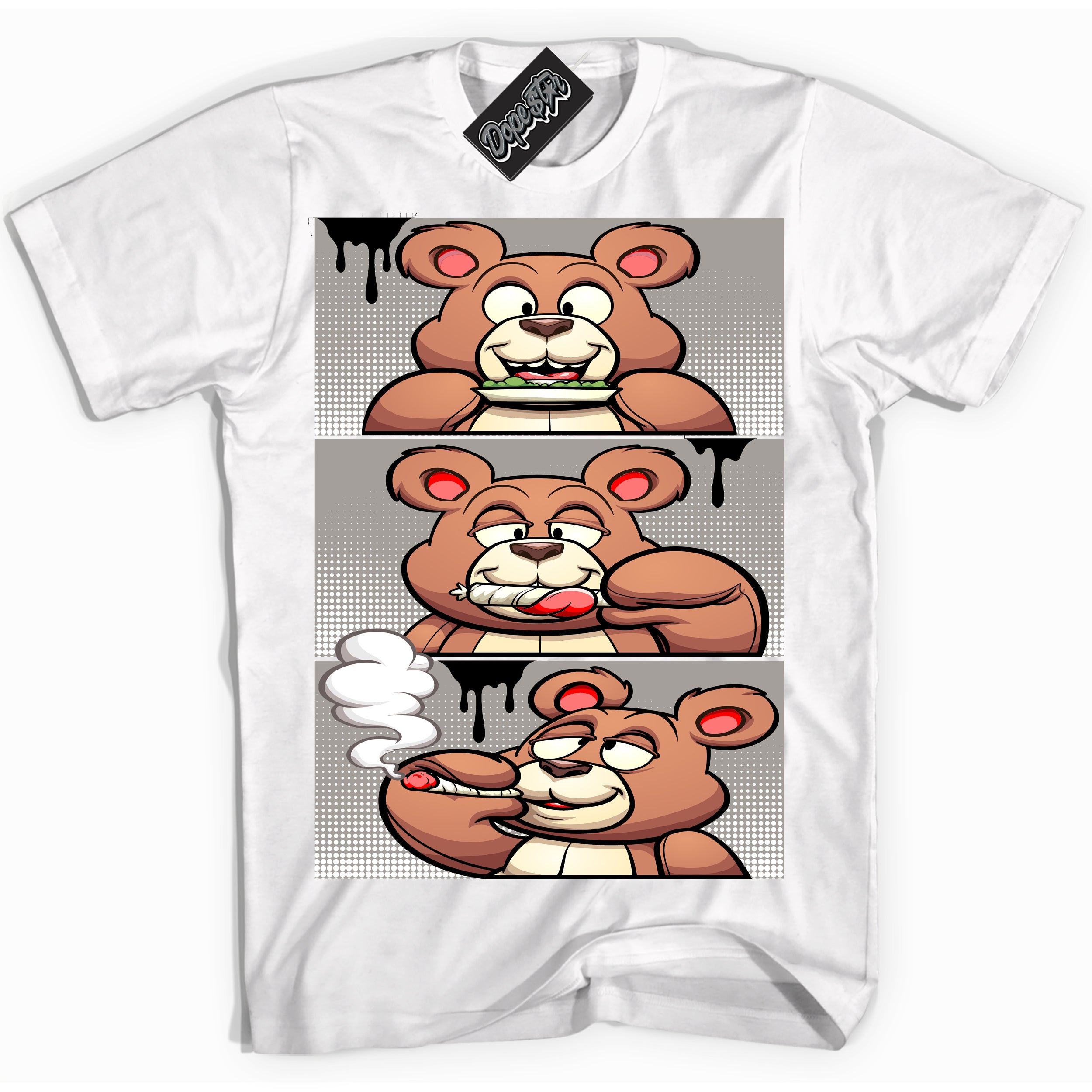 Cool White Shirt with “Roll It Lick It Smoke It Bear” design that perfectly matches the Satin Shadow 1s Jordans.