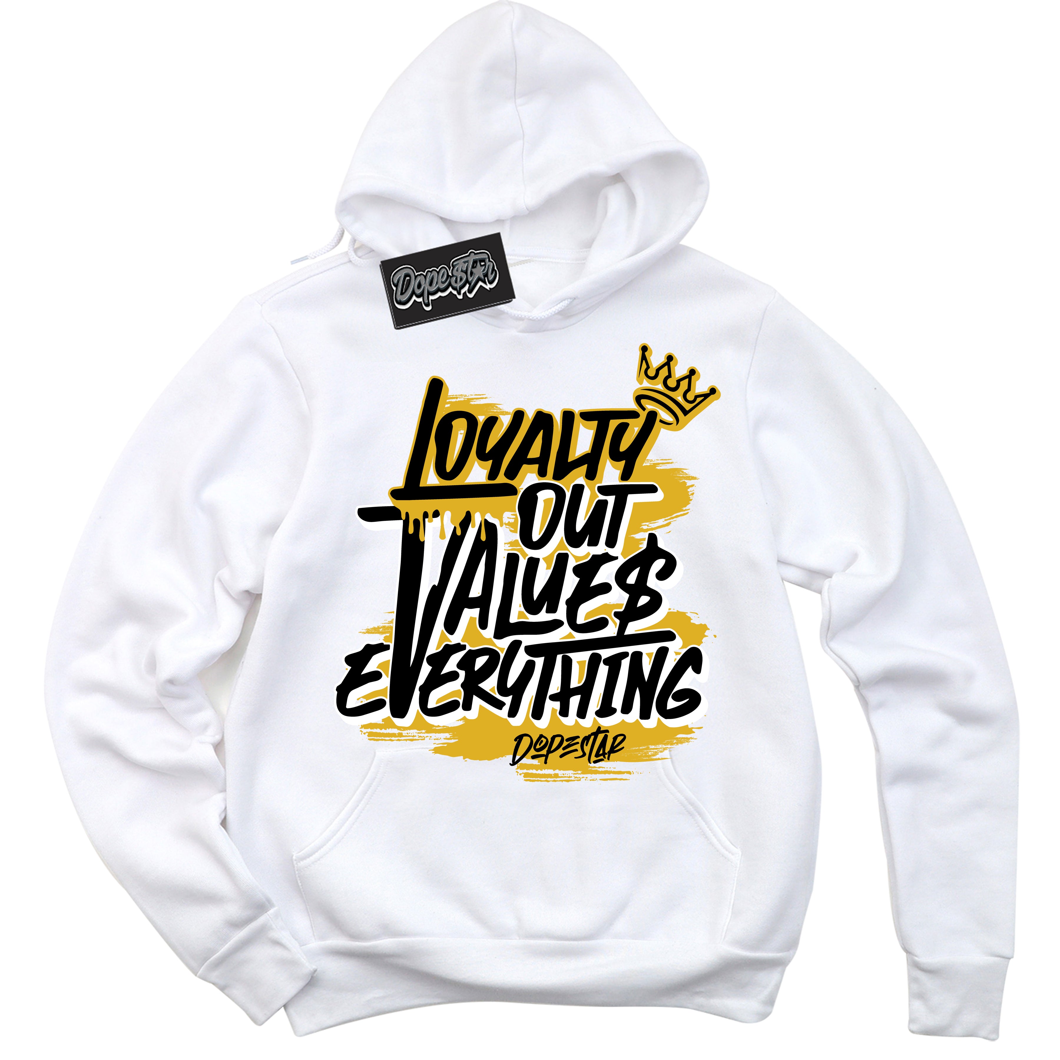 Cool White Hoodie with “ Loyalty Out Values Everything ”  design that Perfectly Matches Taxi 1s Sneakers.