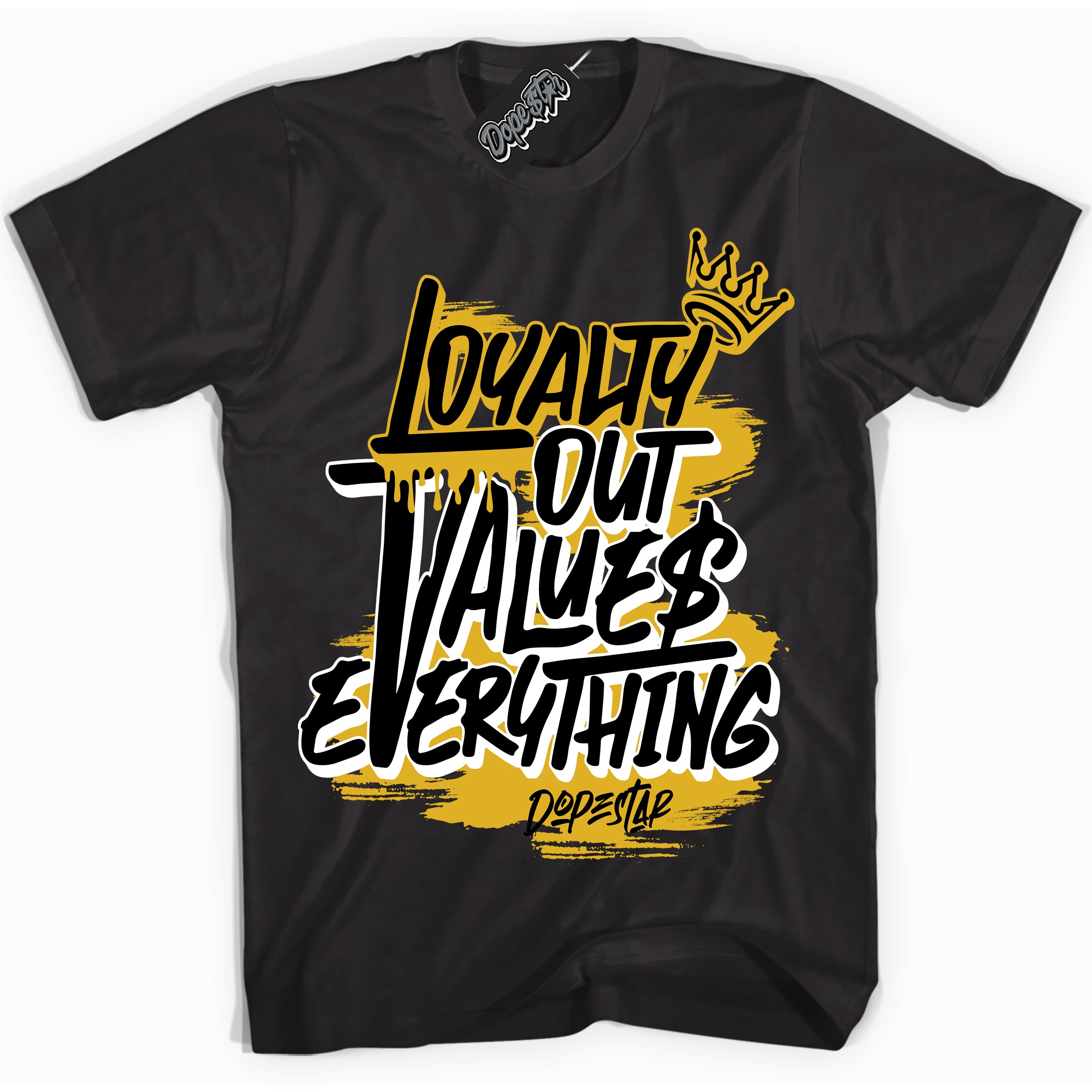 Cool Black Shirt with “ Loyalty Out Values Everything” design that perfectly matches Taxi 1s Sneakers.
