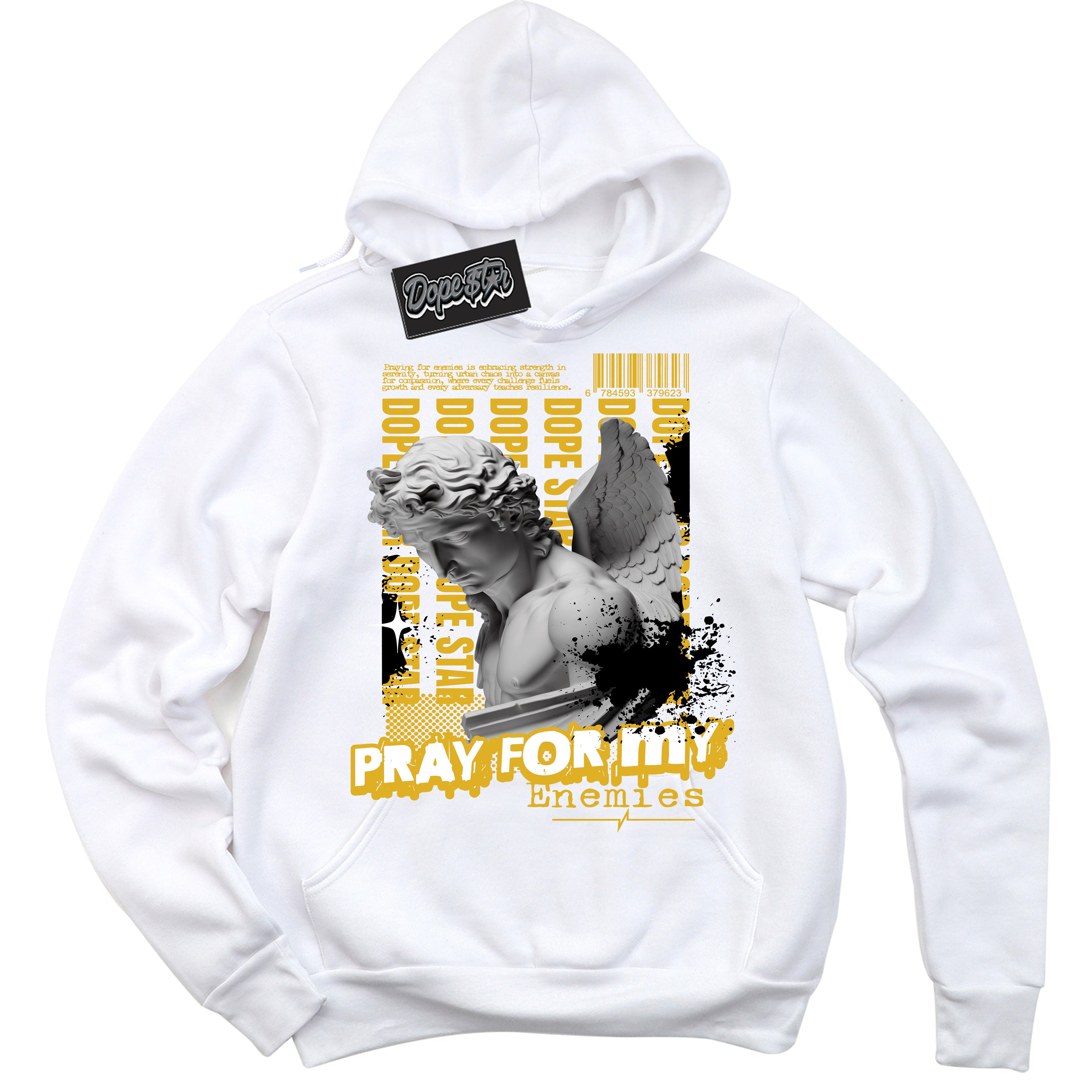 Cool White Hoodie with “ Pray Enemies ”  design that Perfectly Matches Taxi 1s Sneakers.