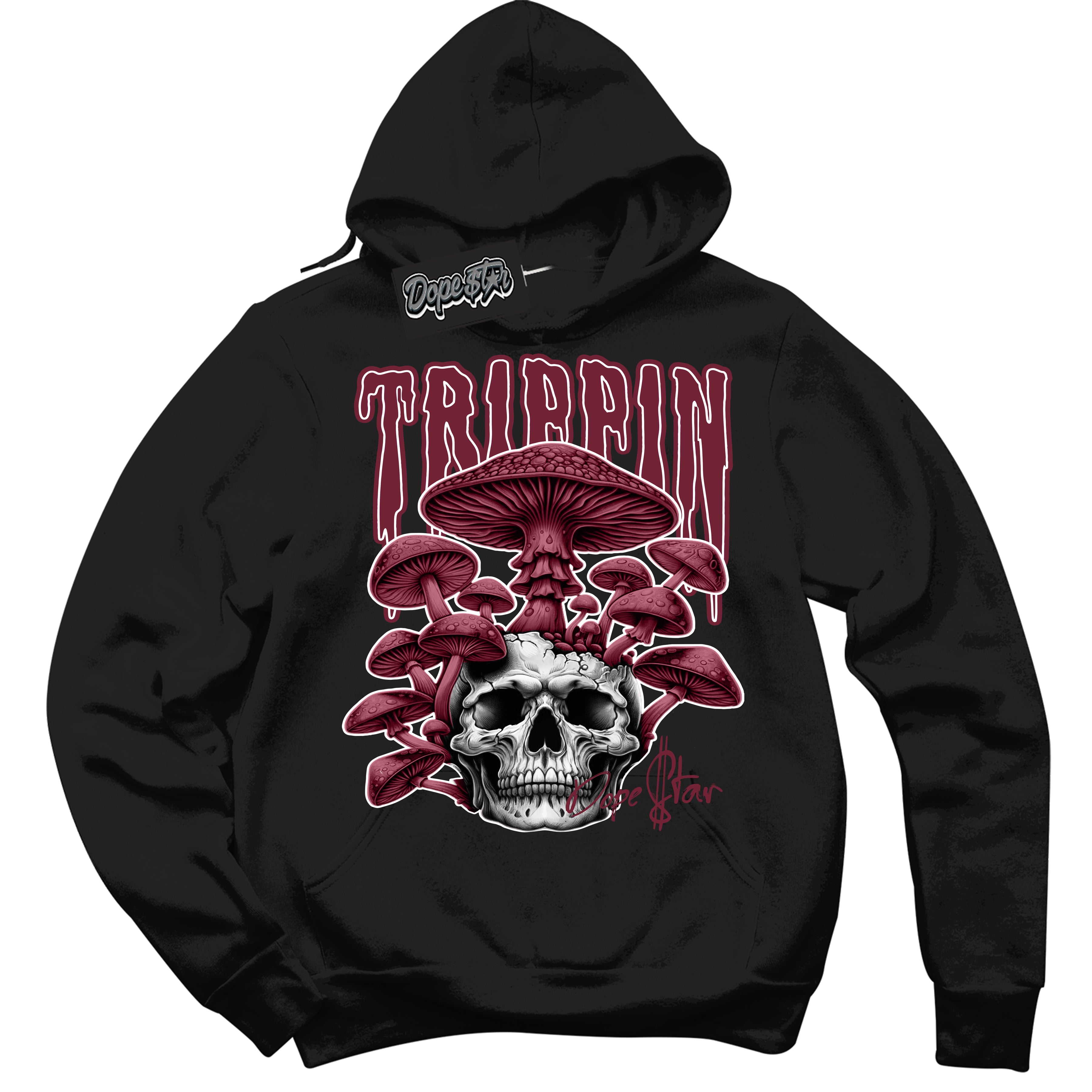 Cool Black Hoodie with “Trippin” design that Perfectly Matches Team Red 1s Sneakers.