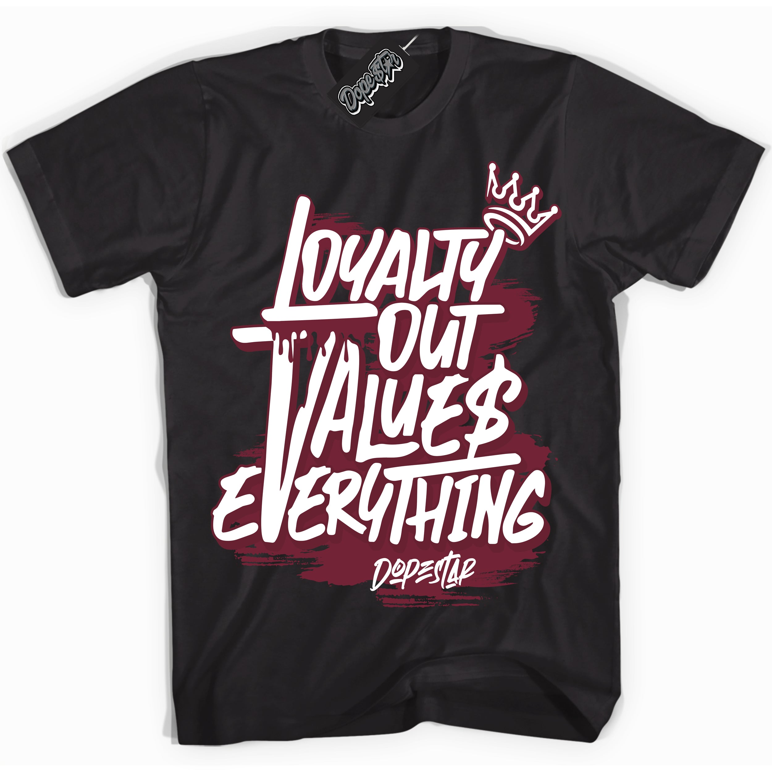 Cool Black Shirt with “ Loyalty Out Values Everything” design that perfectly matches Team Red 1s Sneakers.