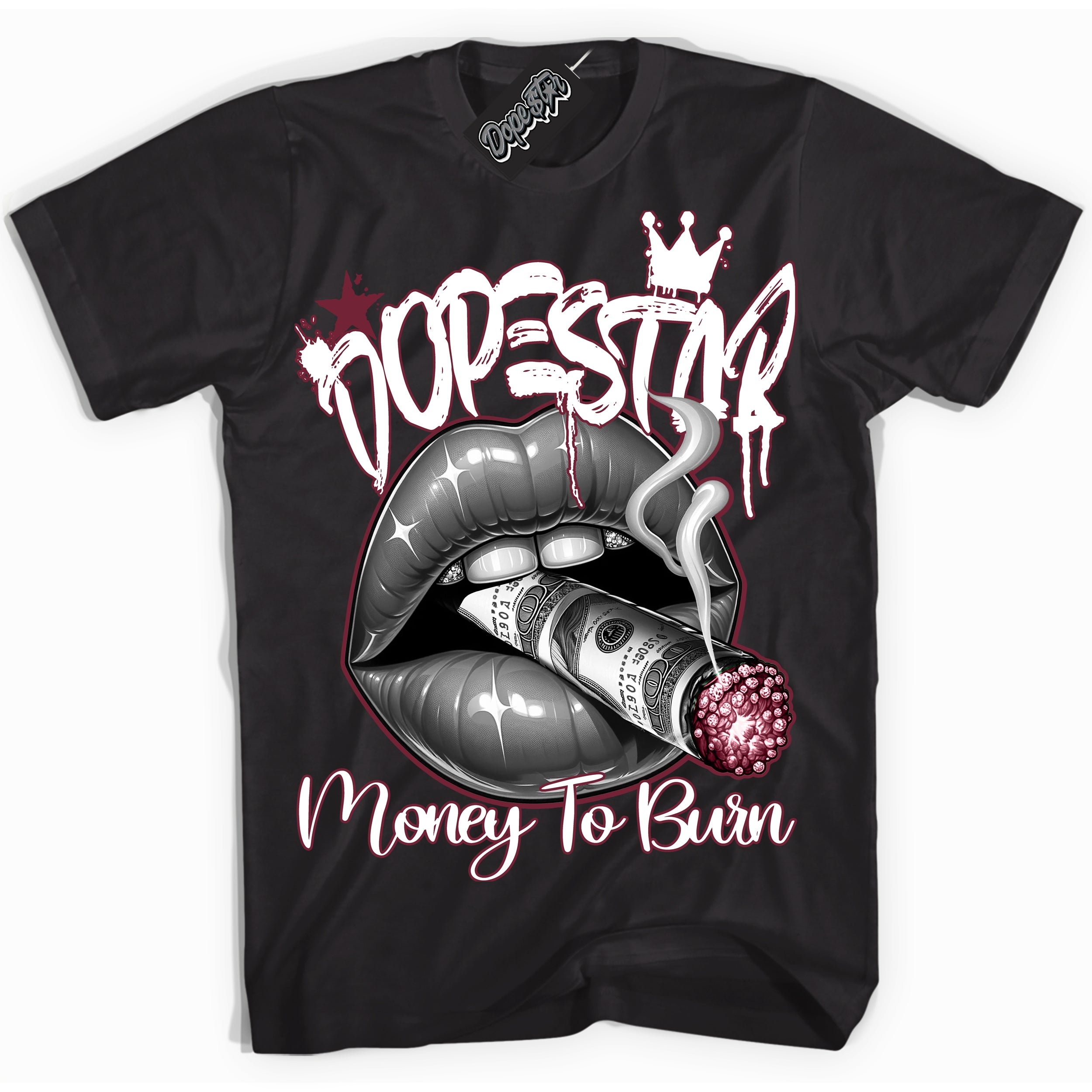 Cool Black Shirt with “ Money To Burn” design that perfectly matches Team Red 1s Sneakers.