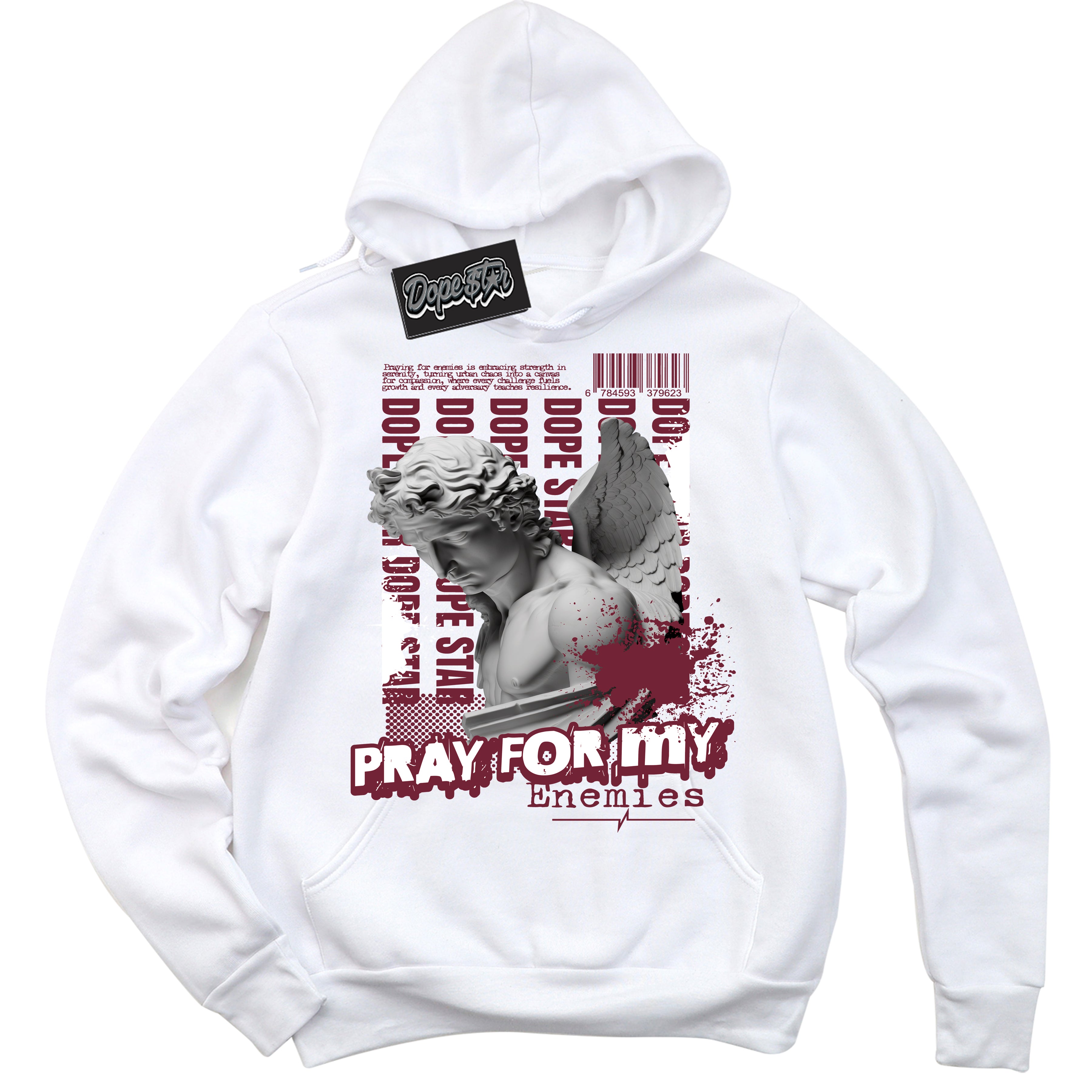 Cool White Hoodie with “ Pray Enemies ”  design that Perfectly Matches Team Red 1s Sneakers.