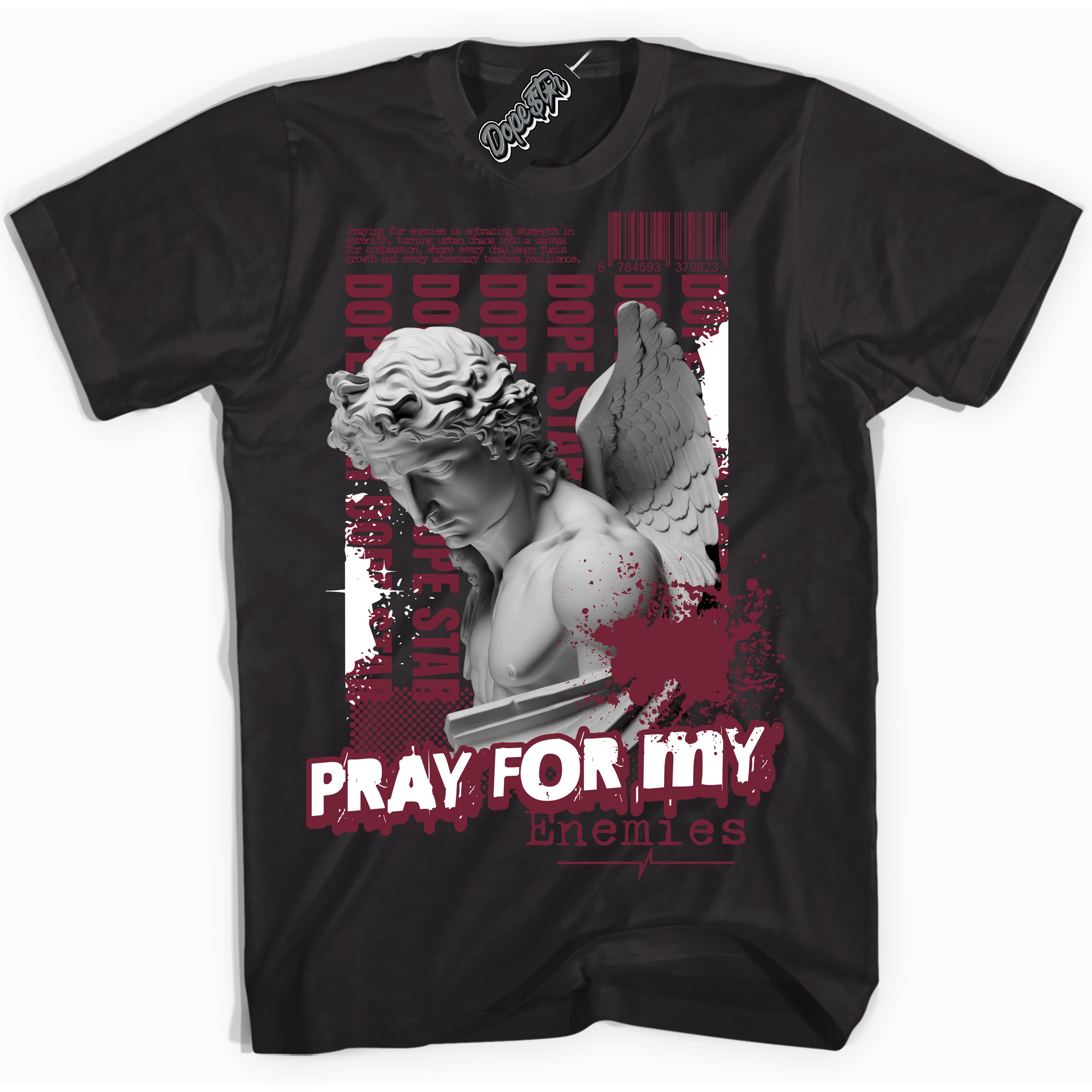 Cool Black Shirt with “ Pray Enemies” design that perfectly matches Team Red 1s Sneakers.