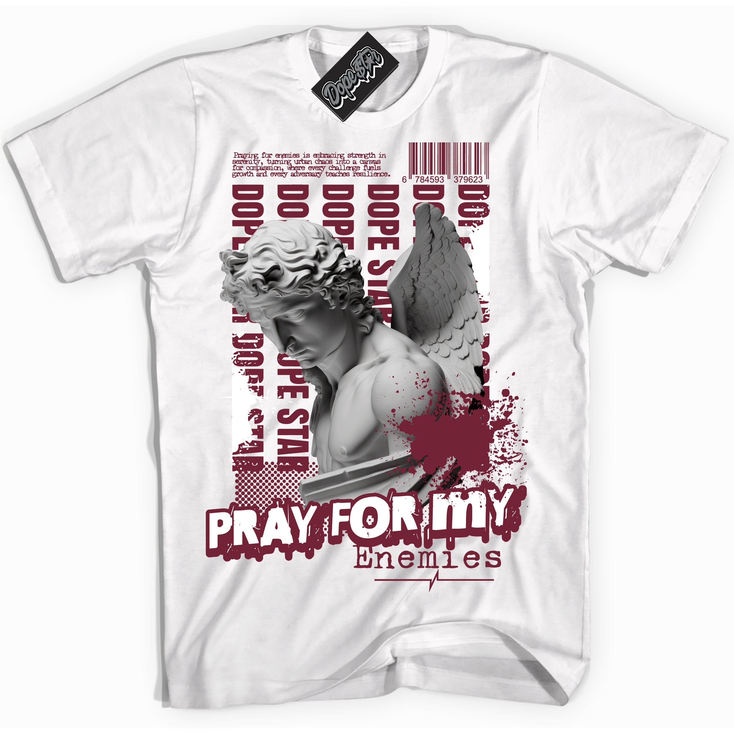 Cool White Shirt with “ Pray Enemies” design that perfectly matches Team Red 1s Sneakers.