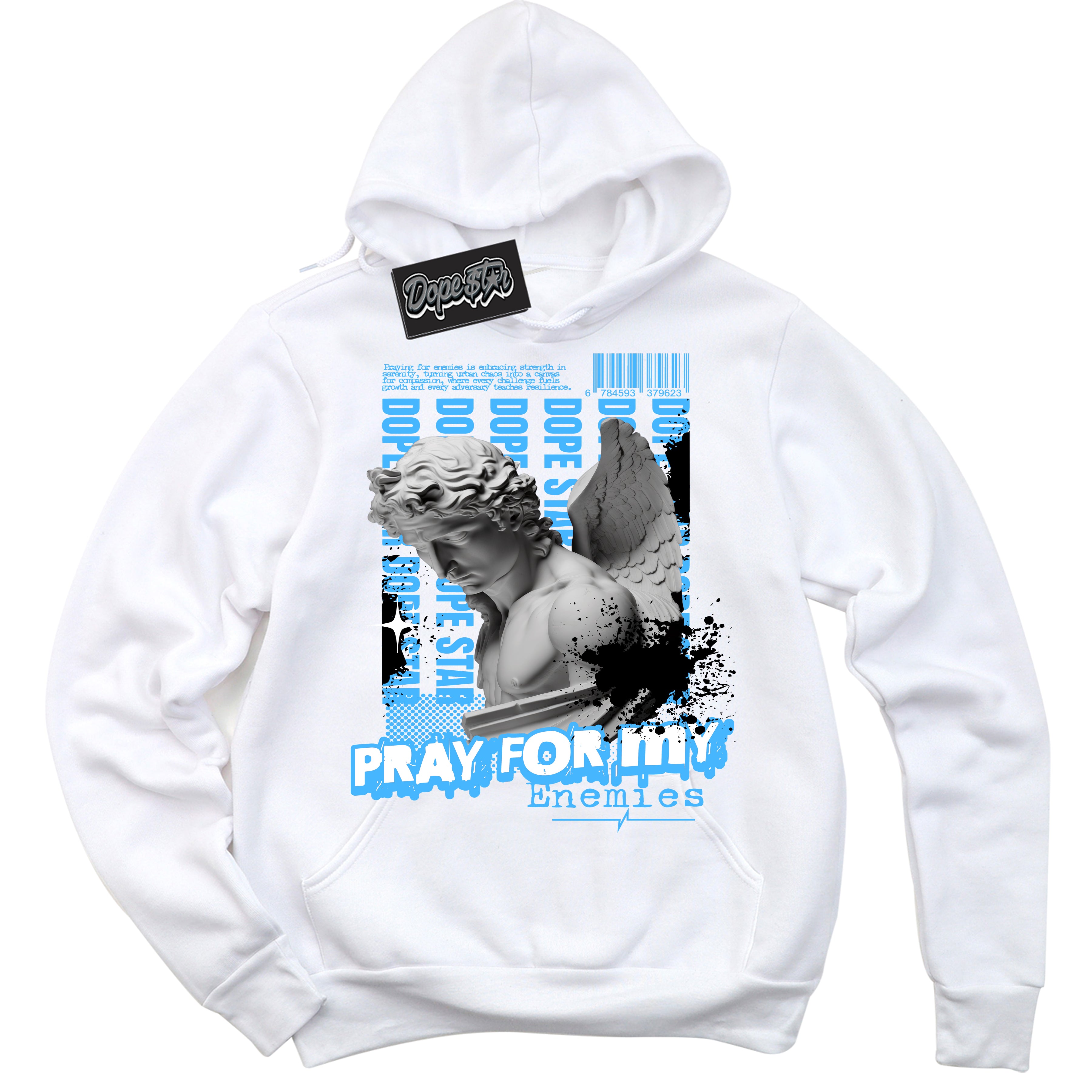 Cool White Hoodie with “ Pray Enemies ”  design that Perfectly Matches UNC Toe 1s Sneakers.