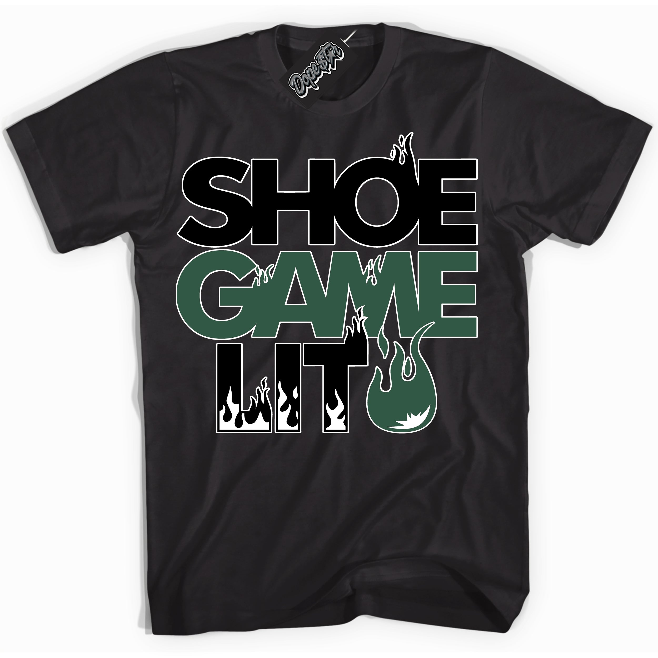 Cool Black Shirt with “ Shoe Game Lit ” design that perfectly matches Golf Noble Green 1s Sneakers.