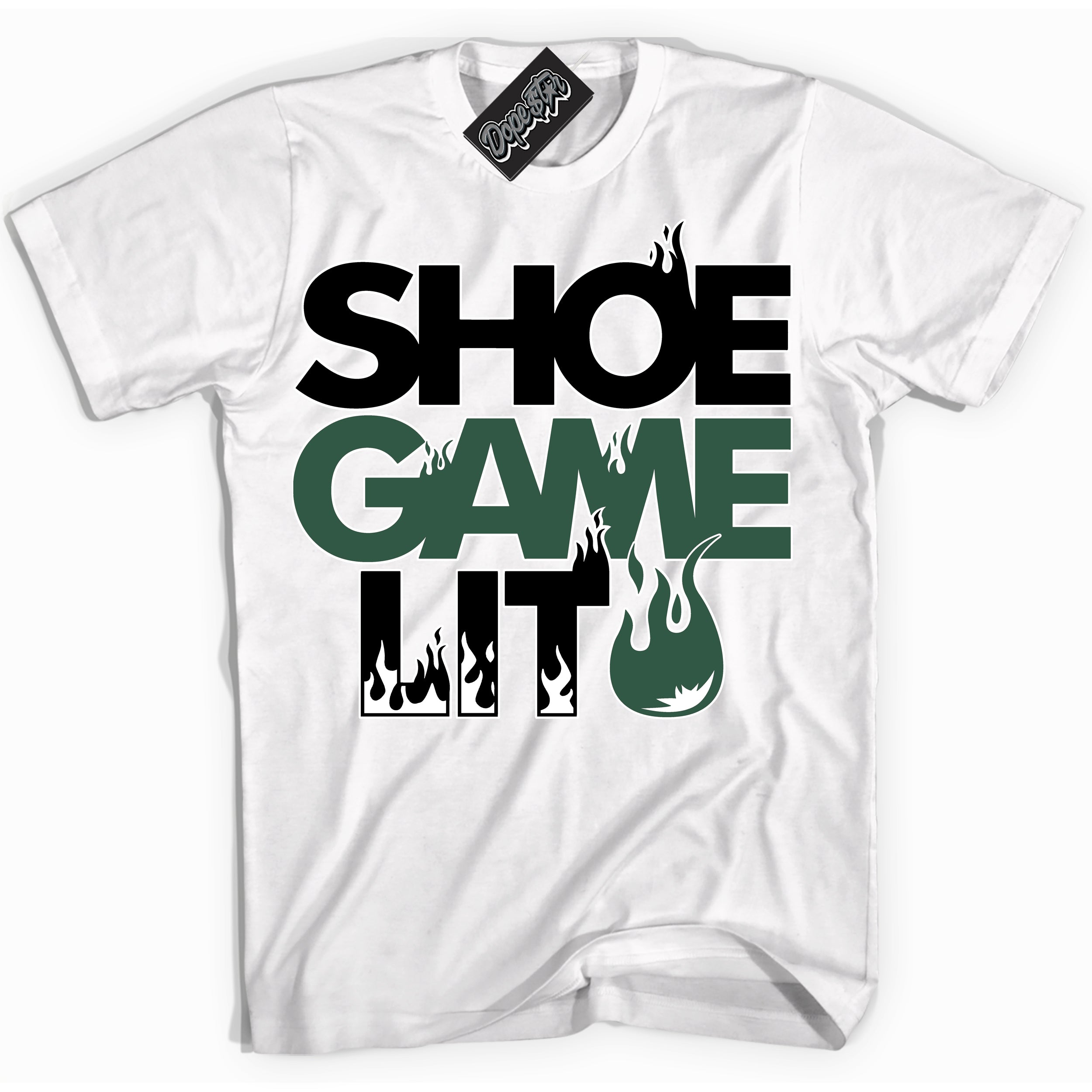 Cool White Shirt with “ Shoe Game Lit ” design that perfectly matches Golf Noble Green 1s Sneakers.