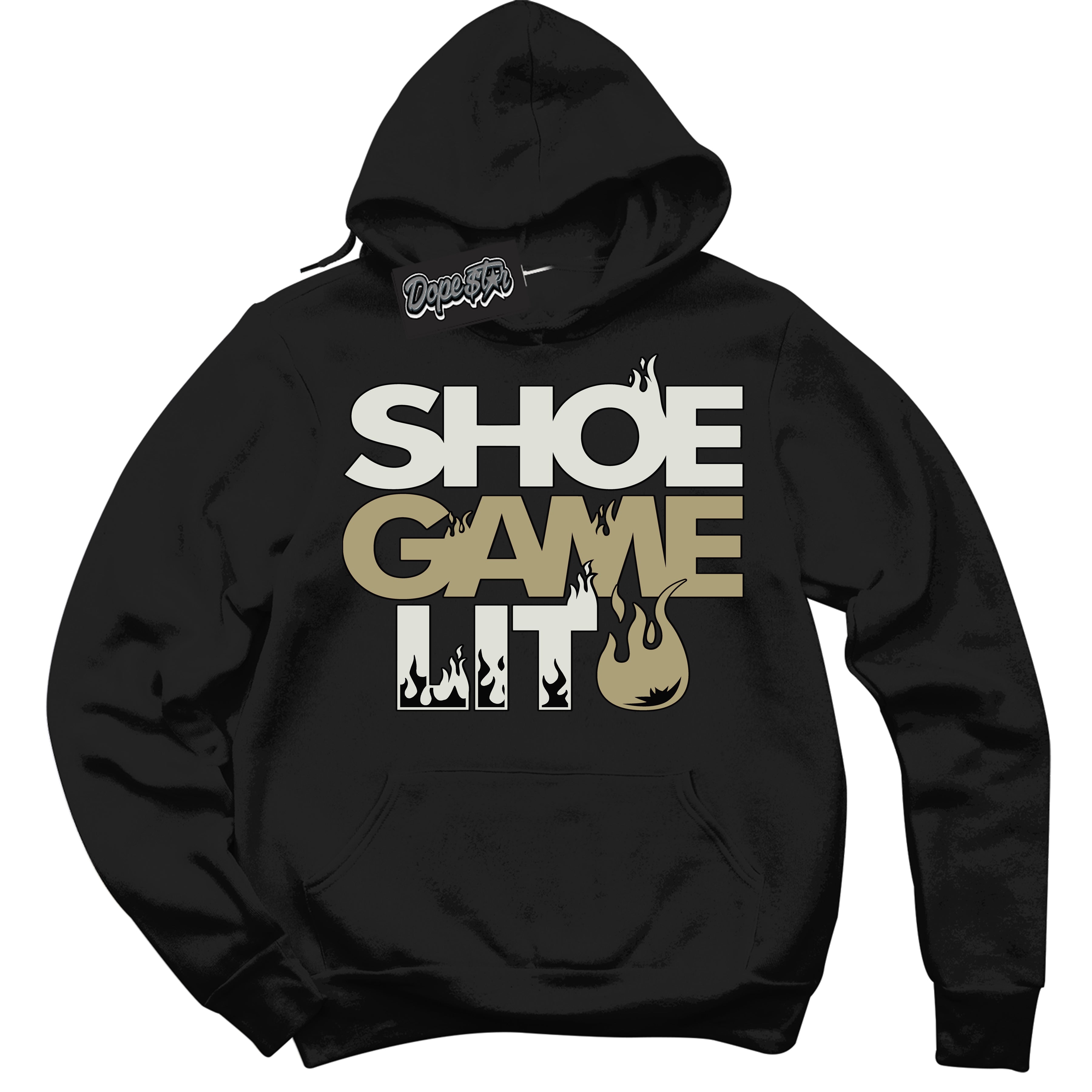 Cool Black Hoodie with “ Shoe Game Lit ”  design that Perfectly Matches  Golf Travis Scott Neutral Olive 1s Sneakers.