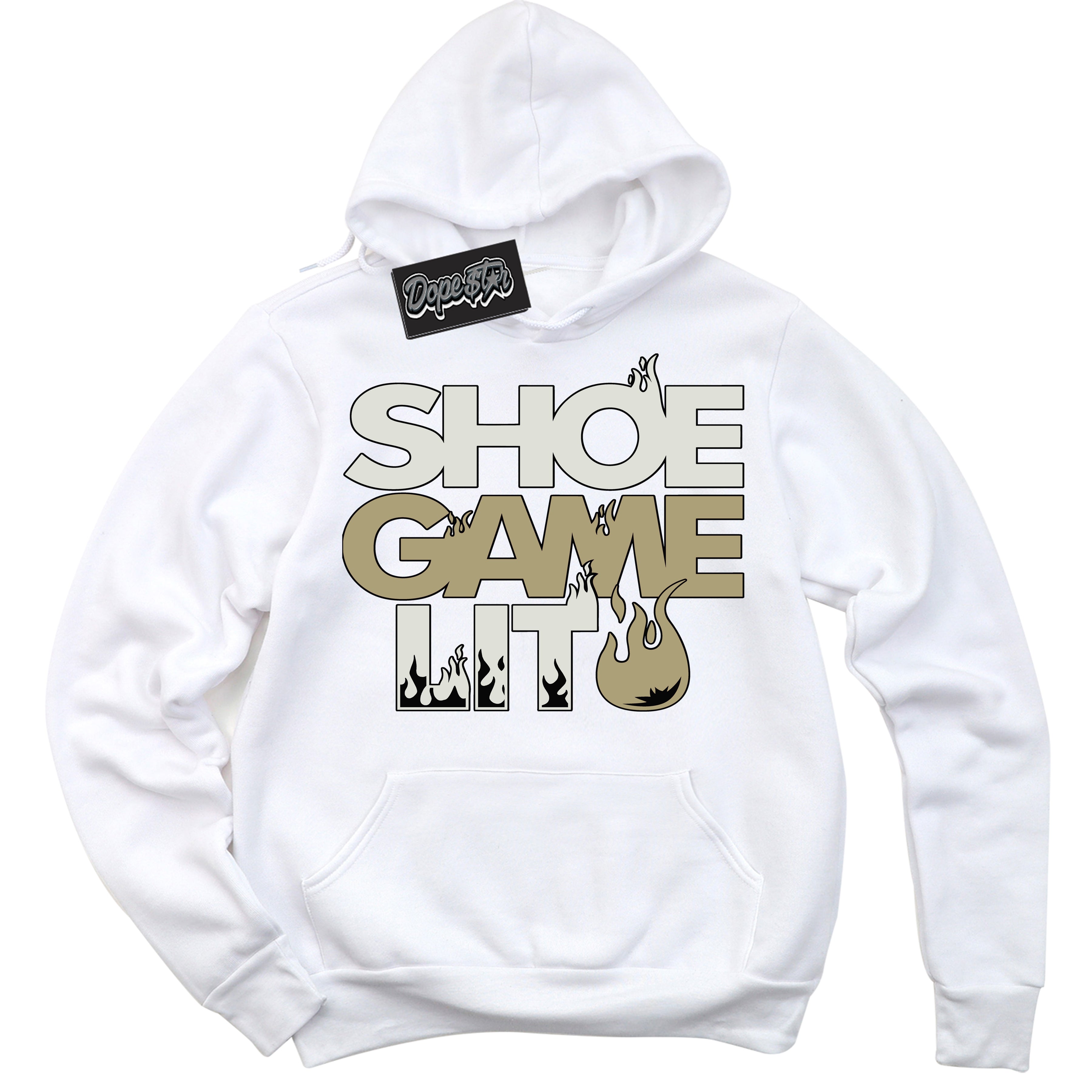 Cool White Hoodie with “ Shoe Game Lit ”  design that Perfectly Matches  Golf Travis Scott Neutral Olive 1s Sneakers.