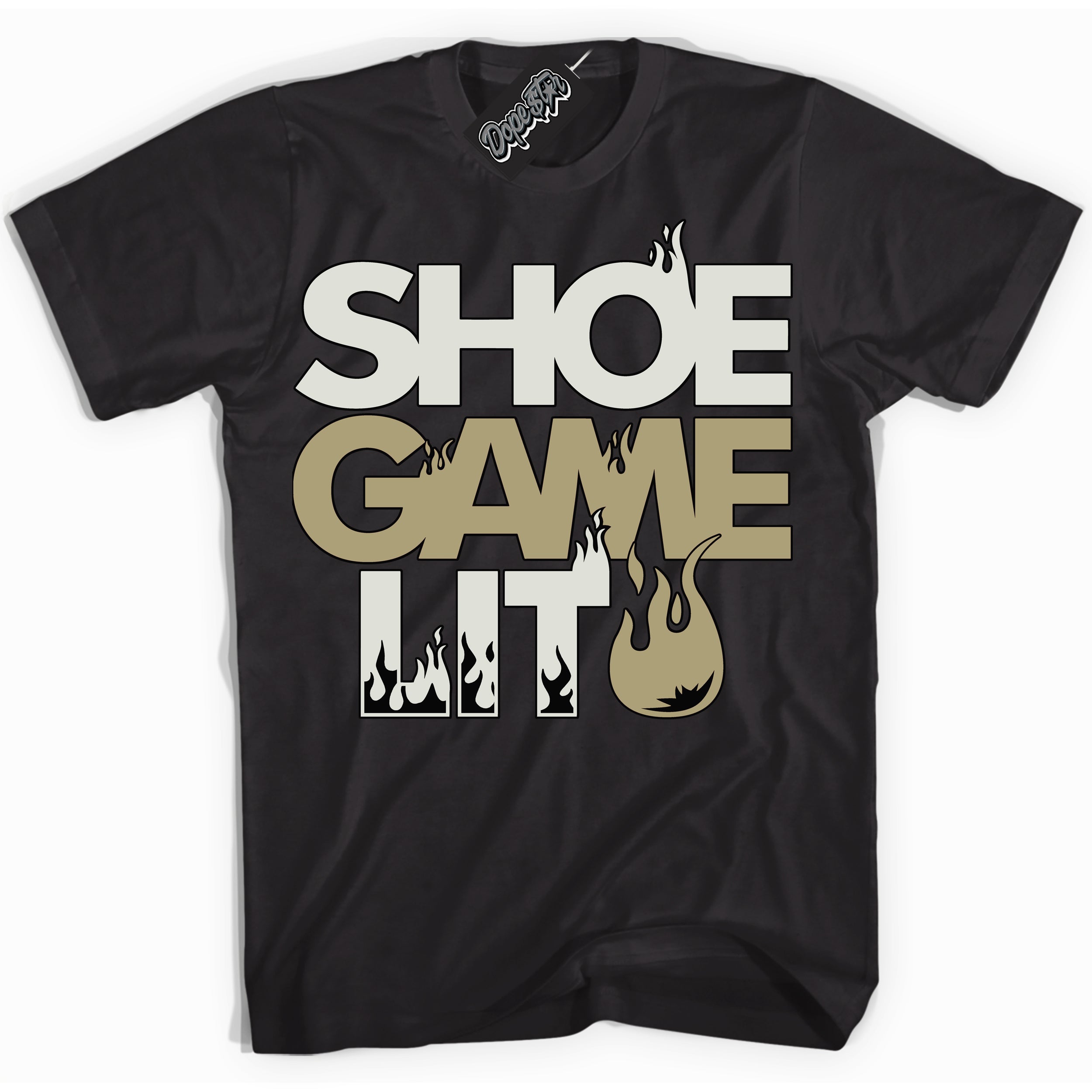 Cool Black Shirt with “ Shoe Game Lit ” design that perfectly matches Golf Travis Scott Neutral Olive 1s Sneakers.