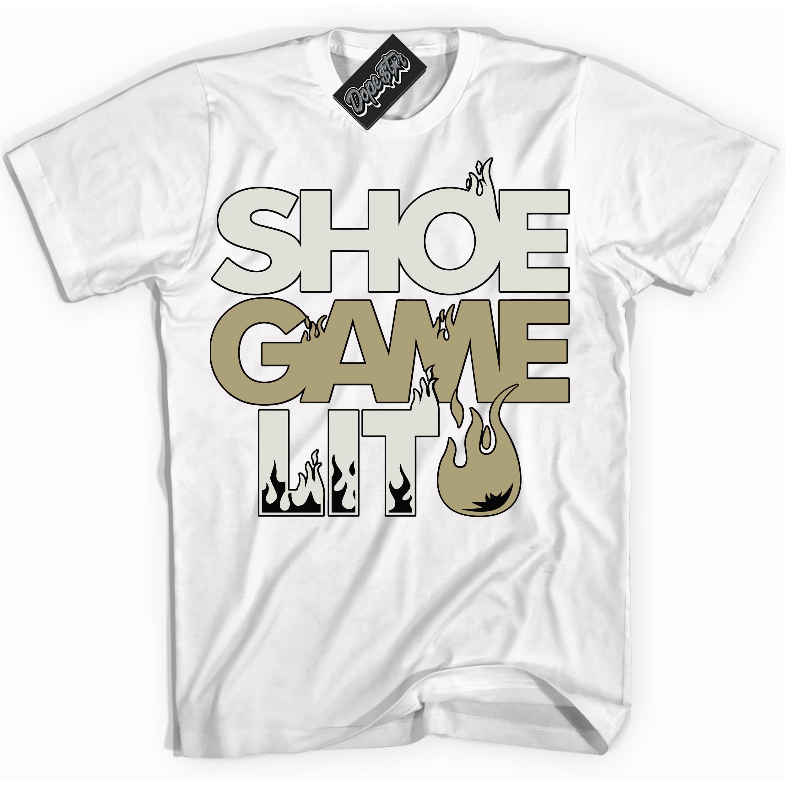 Cool White Shirt with “ Shoe Game Lit ” design that perfectly matches Golf Travis Scott Neutral Olive 1s Sneakers.